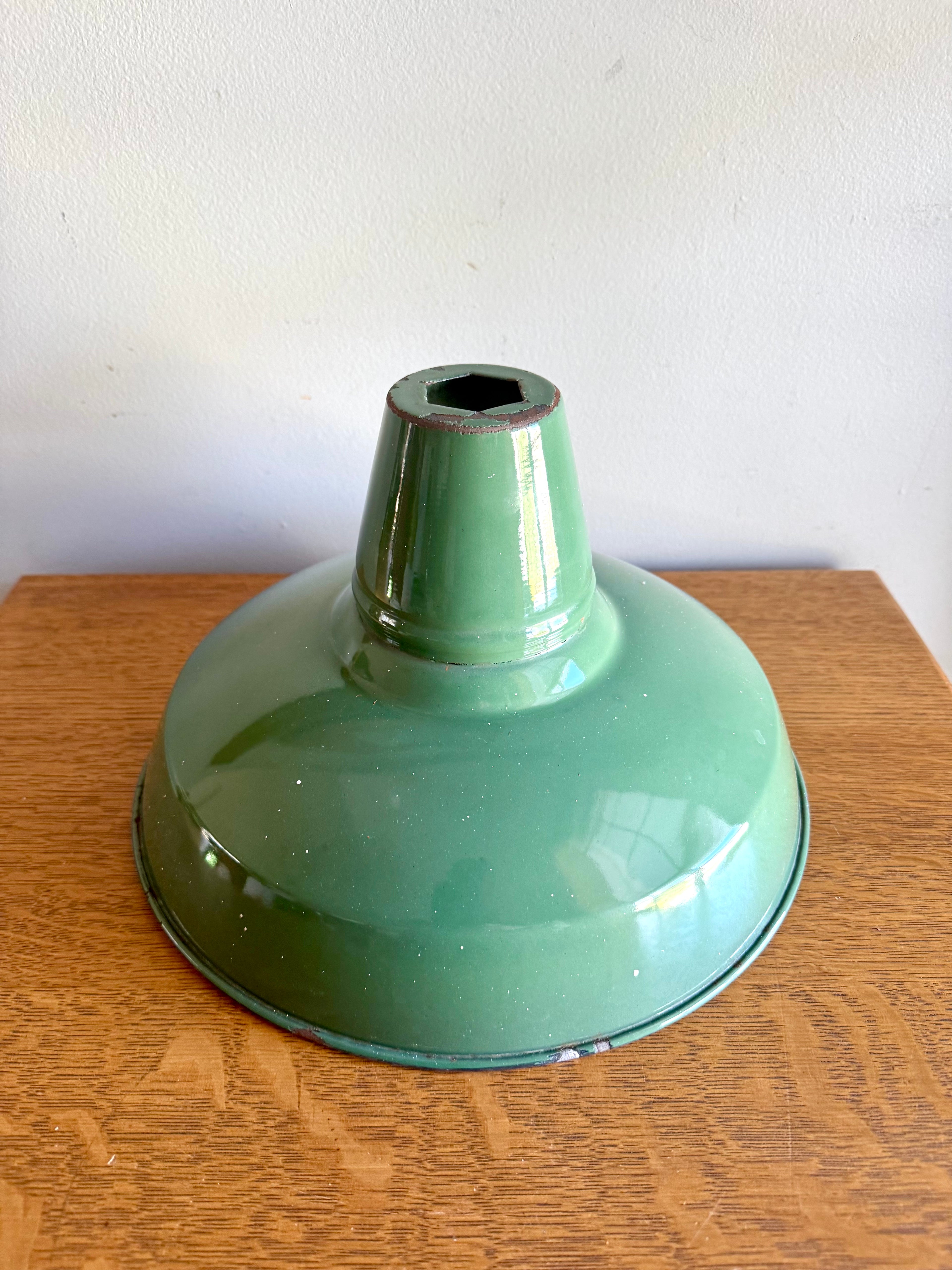 1930's Green Distressed Porcelain Industrial Pendant Lamp Shade | 12" Wheeler Enamel Metal Shade