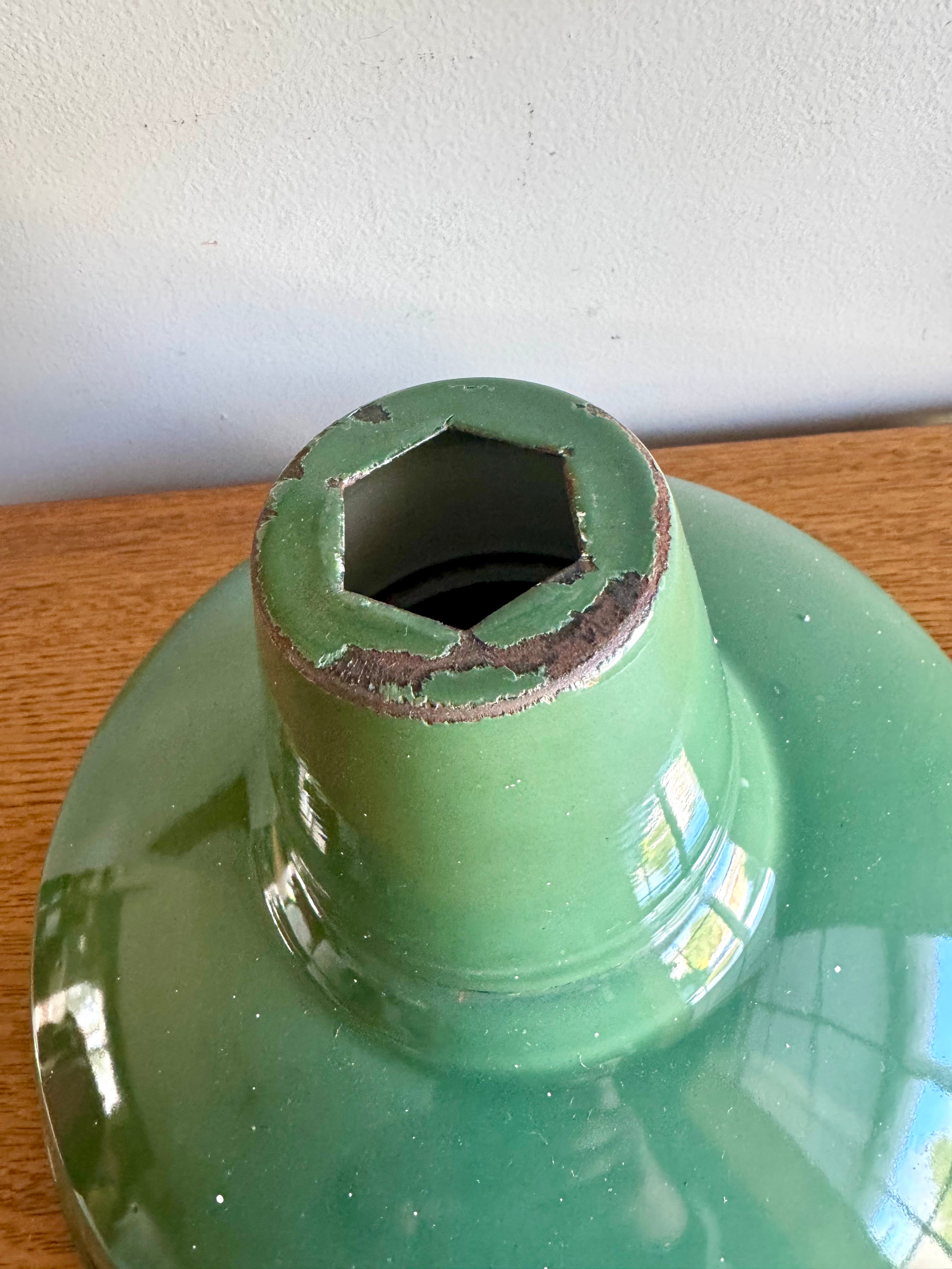 1930's Green Distressed Porcelain Industrial Pendant Lamp Shade | 12" Wheeler Enamel Metal Shade