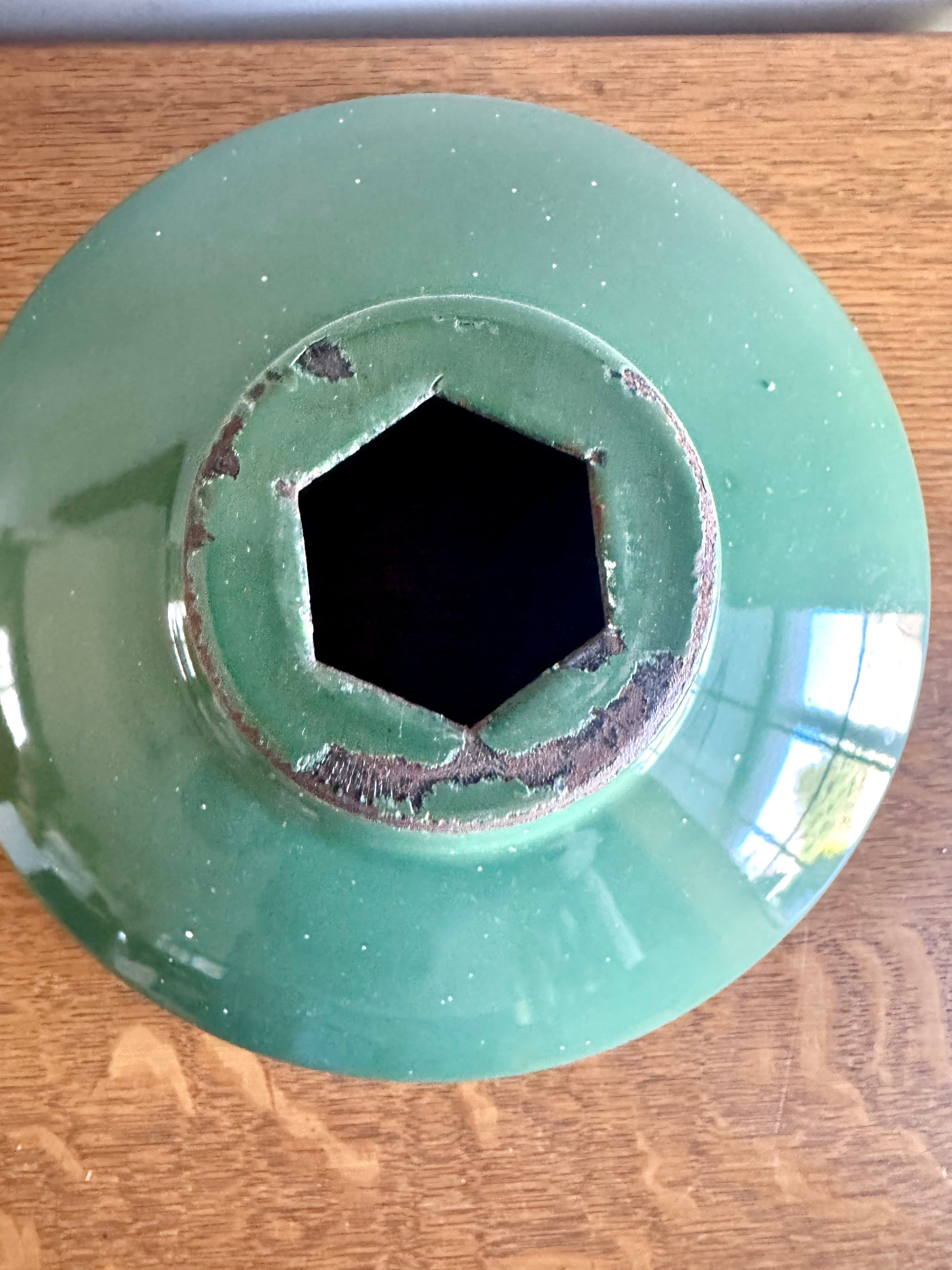 1930's Green Distressed Porcelain Industrial Pendant Lamp Shade | 12" Wheeler Enamel Metal Shade