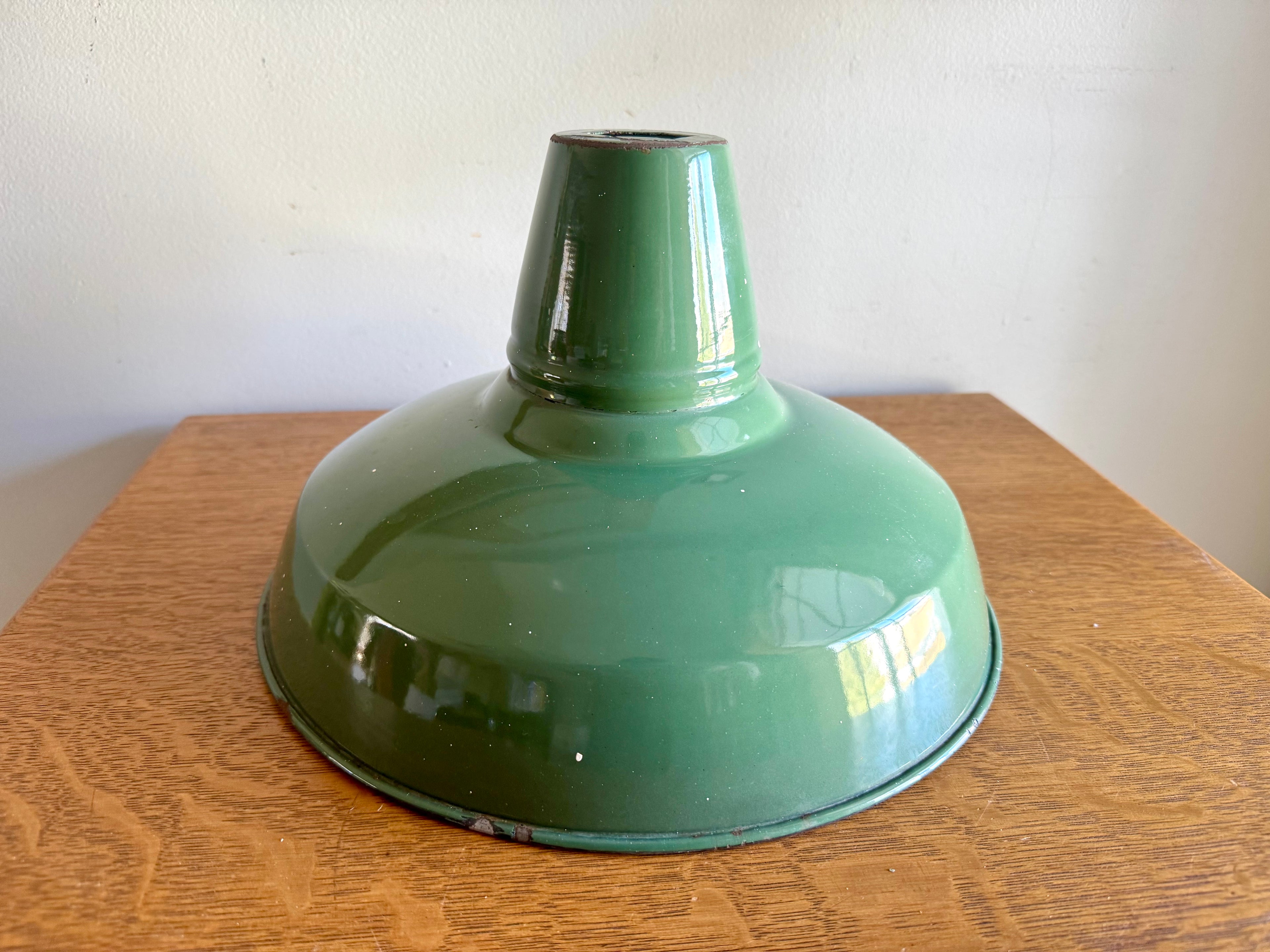 1930's Green Distressed Porcelain Industrial Pendant Lamp Shade | 12" Wheeler Enamel Metal Shade