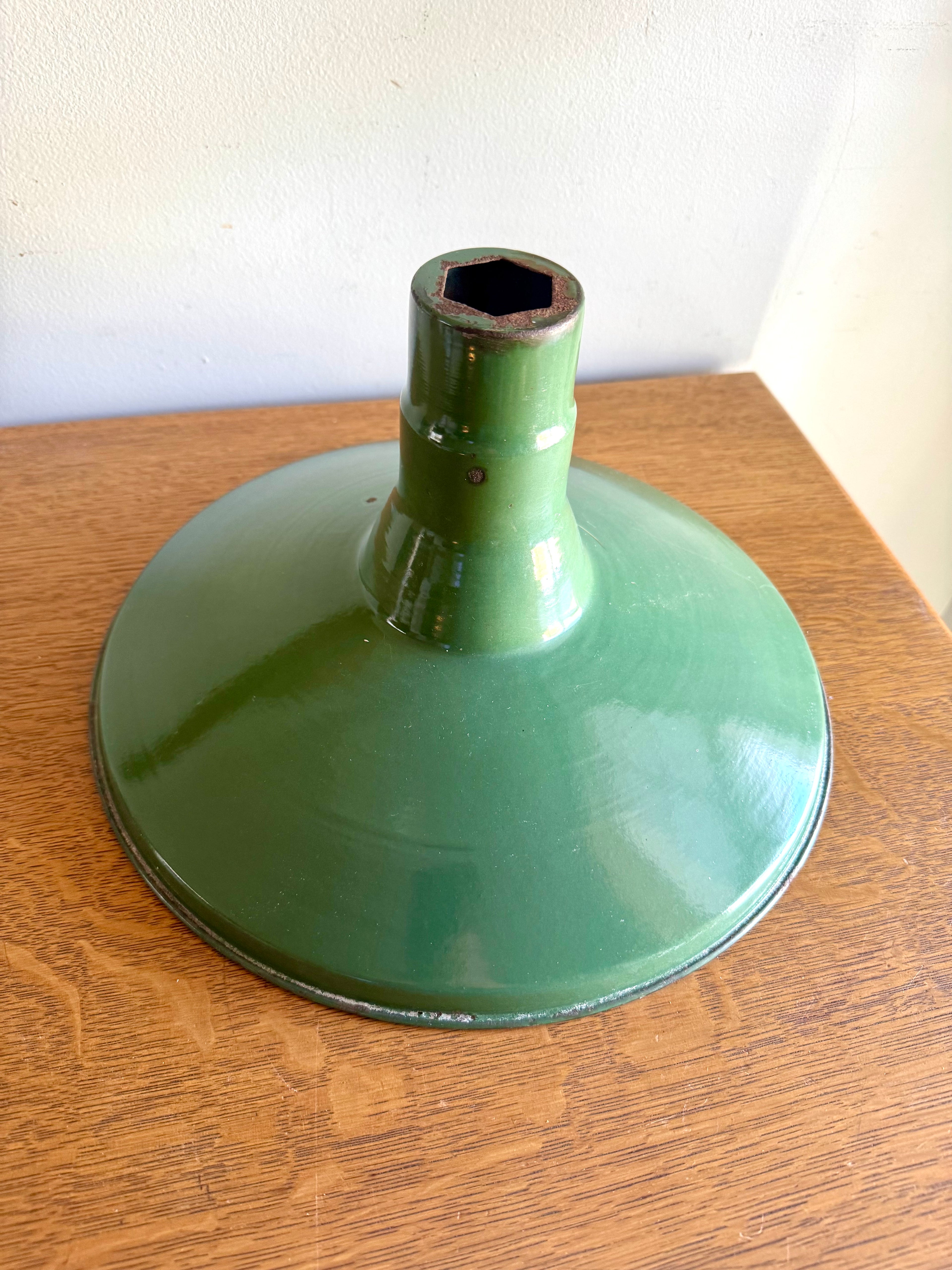 1930's Green Distressed Porcelain Industrial Pendant Lamp Shade | 14"  Enamel Metal Shade