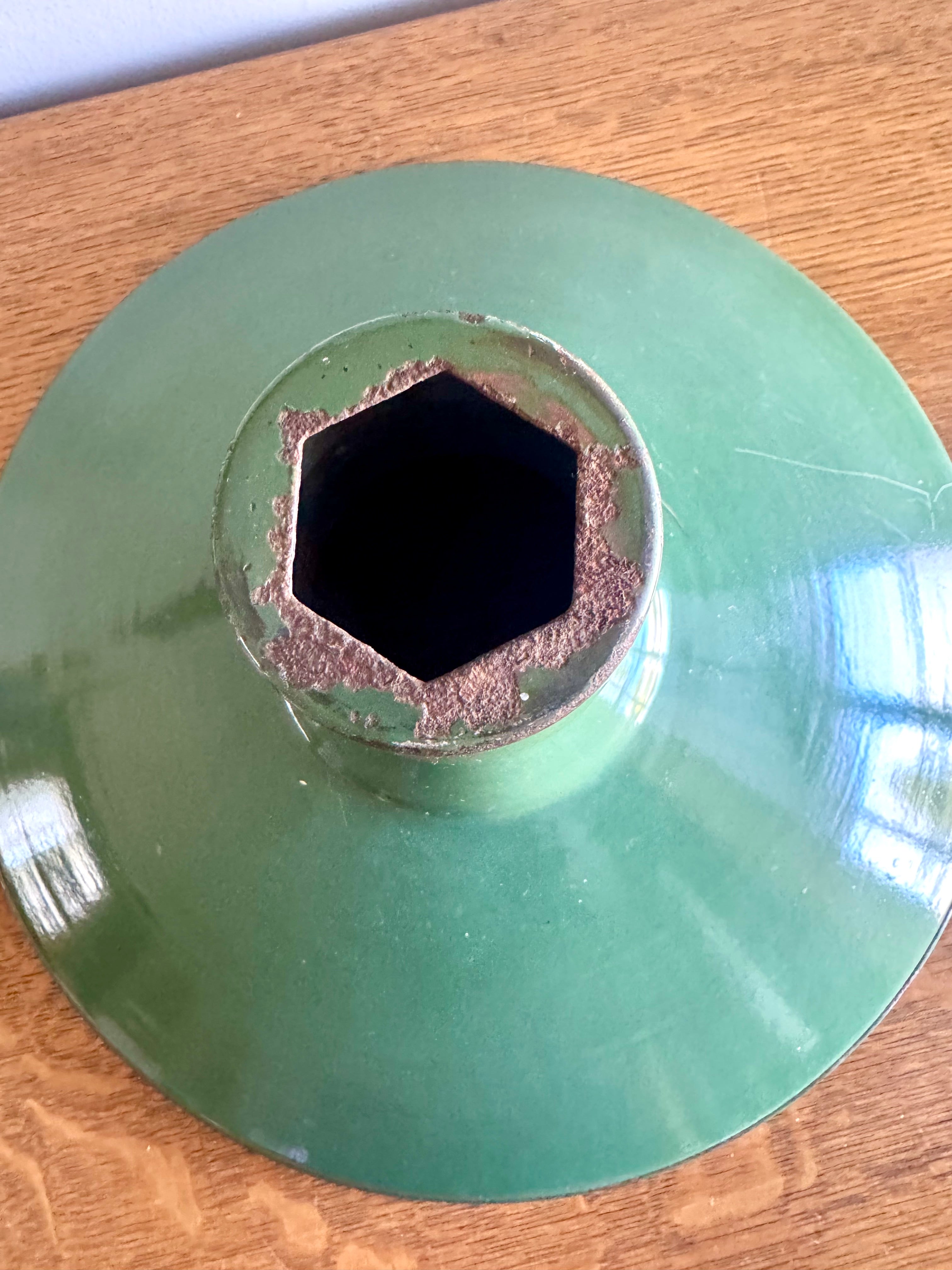 1930's Green Distressed Porcelain Industrial Pendant Lamp Shade | 14"  Enamel Metal Shade