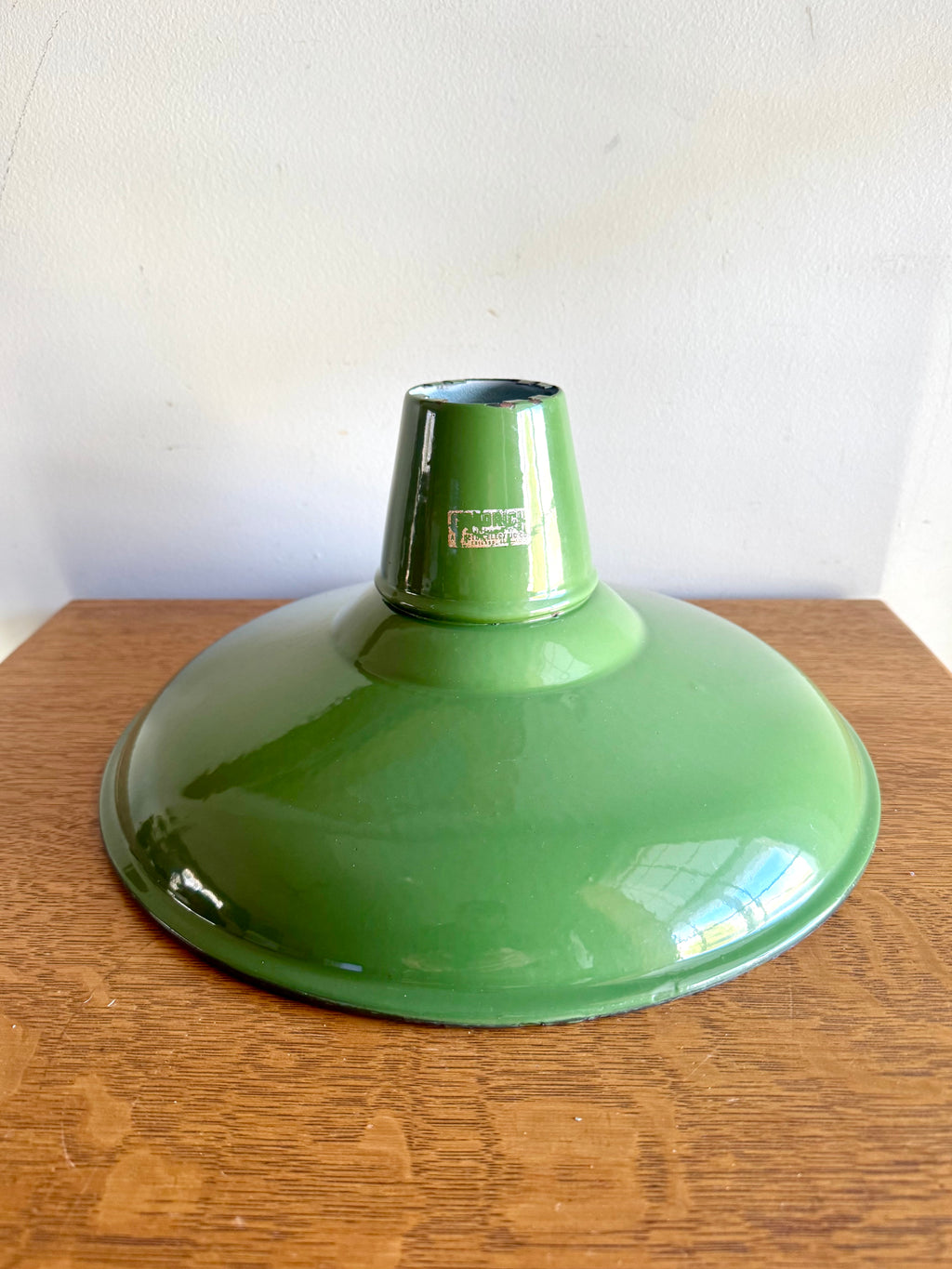 1930's Green Distressed Porcelain Industrial Pendant Lamp Shade | 14" Goodrich Enamel Metal Shade