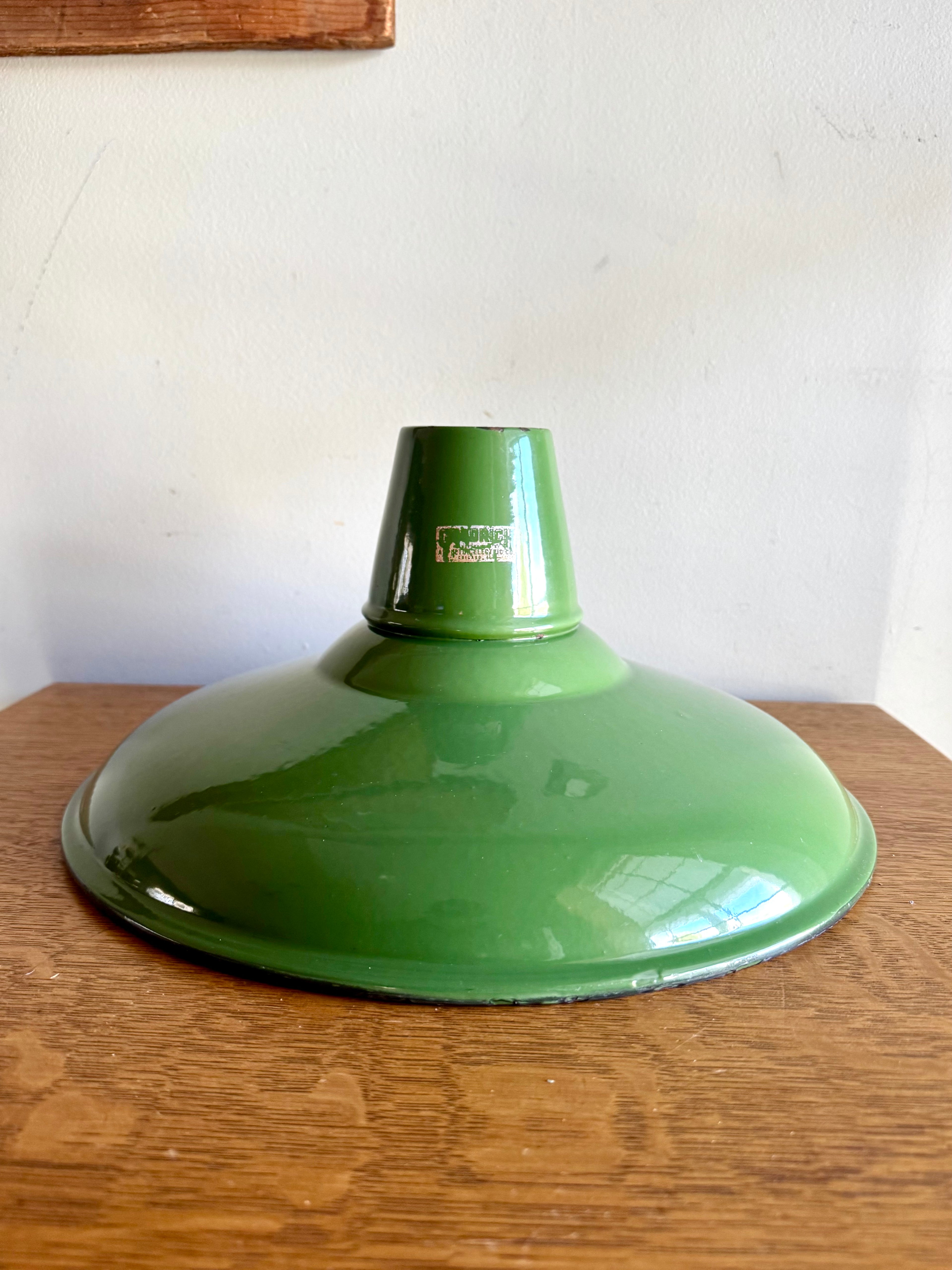 1930's Green Distressed Porcelain Industrial Pendant Lamp Shade | 14" Goodrich Enamel Metal Shade