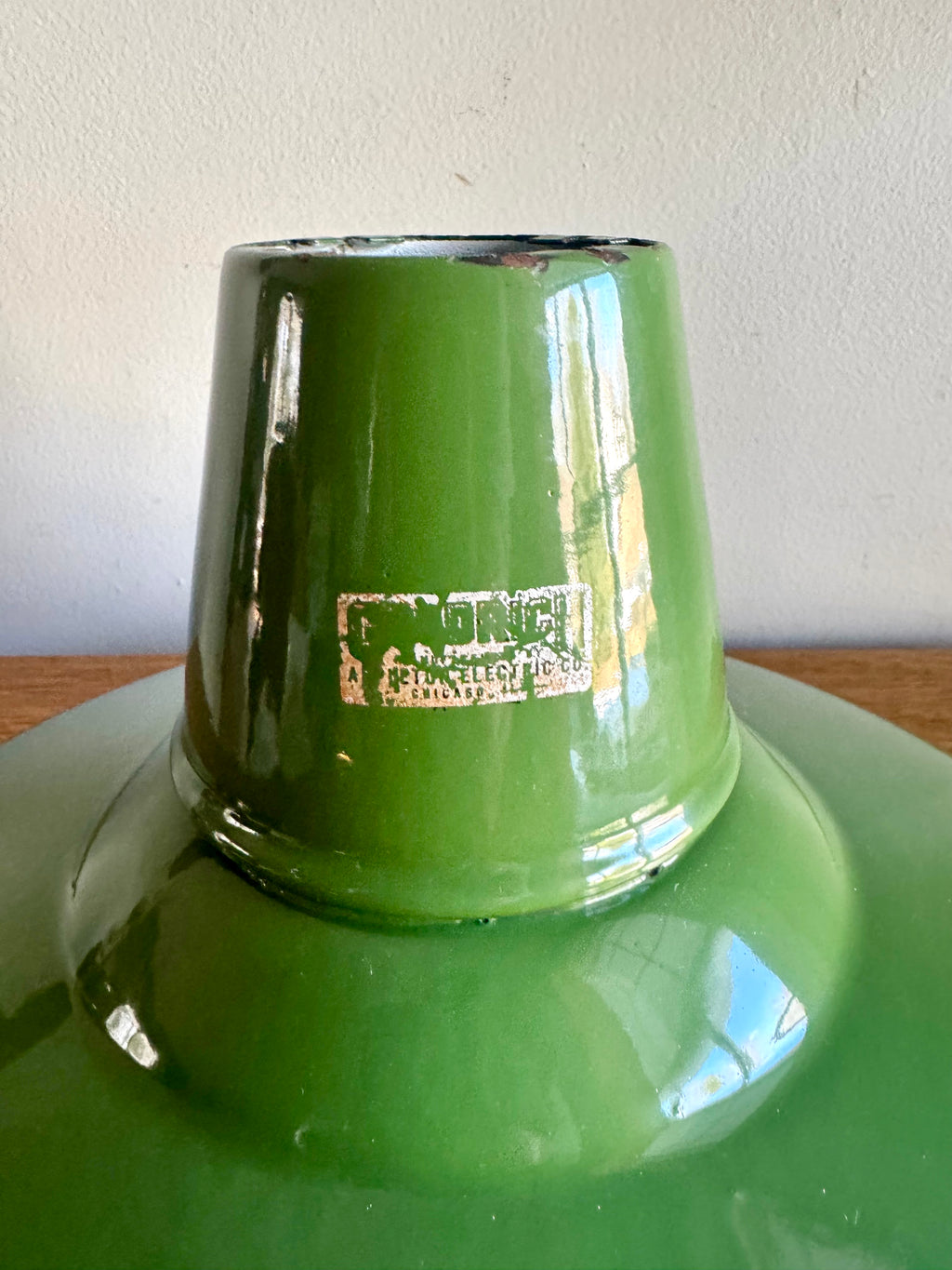 1930's Green Distressed Porcelain Industrial Pendant Lamp Shade | 14" Goodrich Enamel Metal Shade