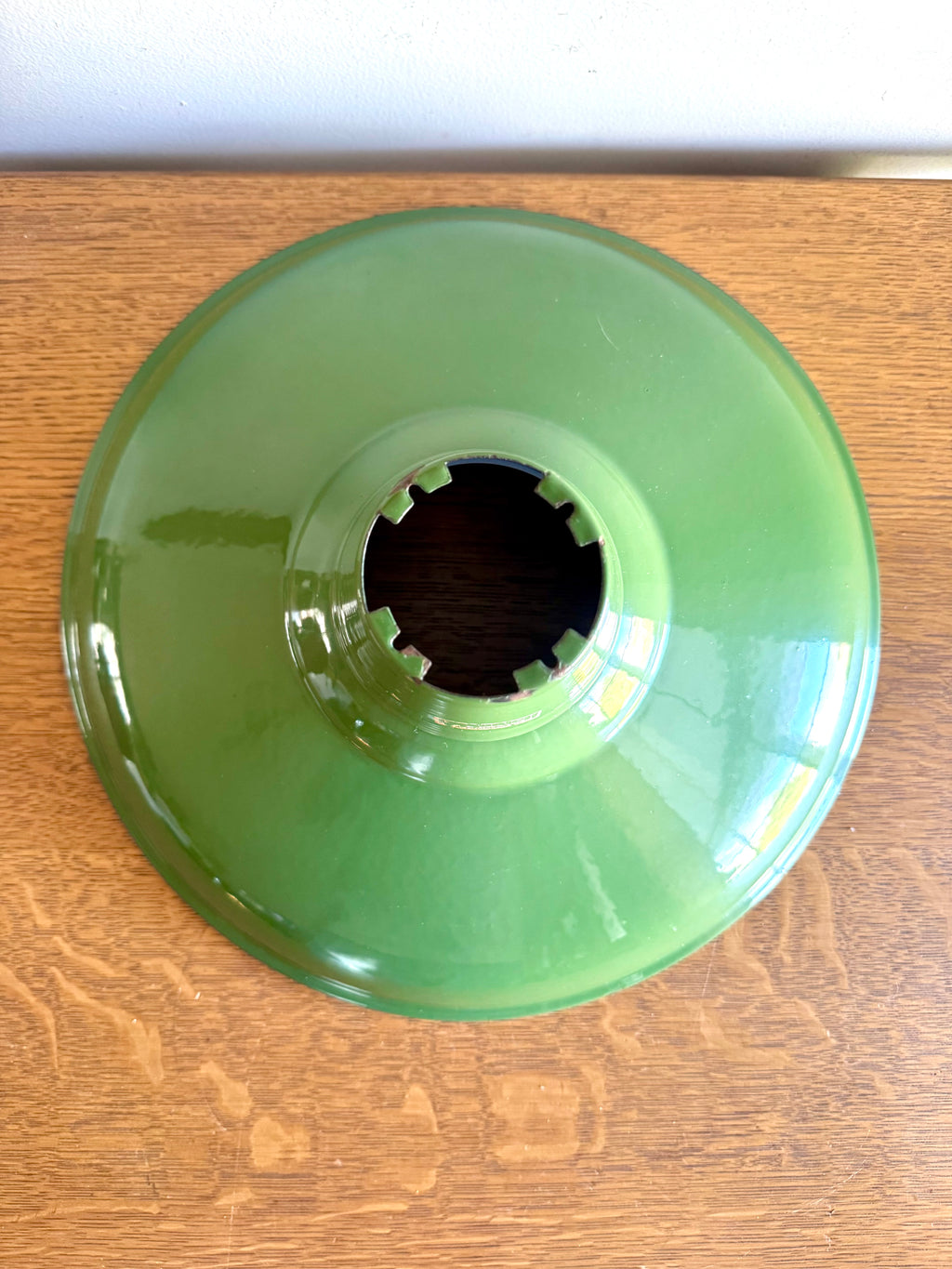 1930's Green Distressed Porcelain Industrial Pendant Lamp Shade | 14" Goodrich Enamel Metal Shade