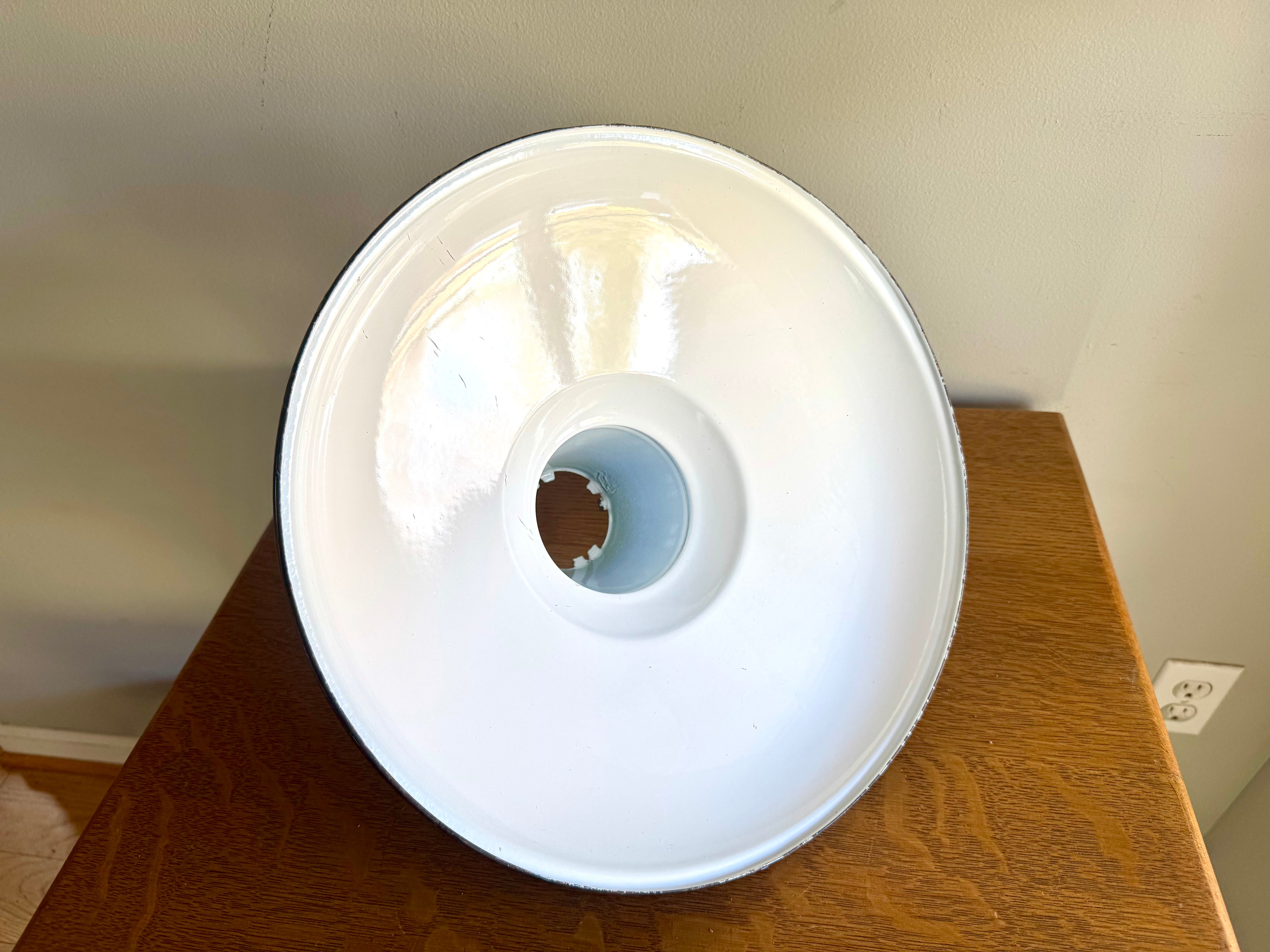 1930's Green Distressed Porcelain Industrial Pendant Lamp Shade | 14" Goodrich Enamel Metal Shade