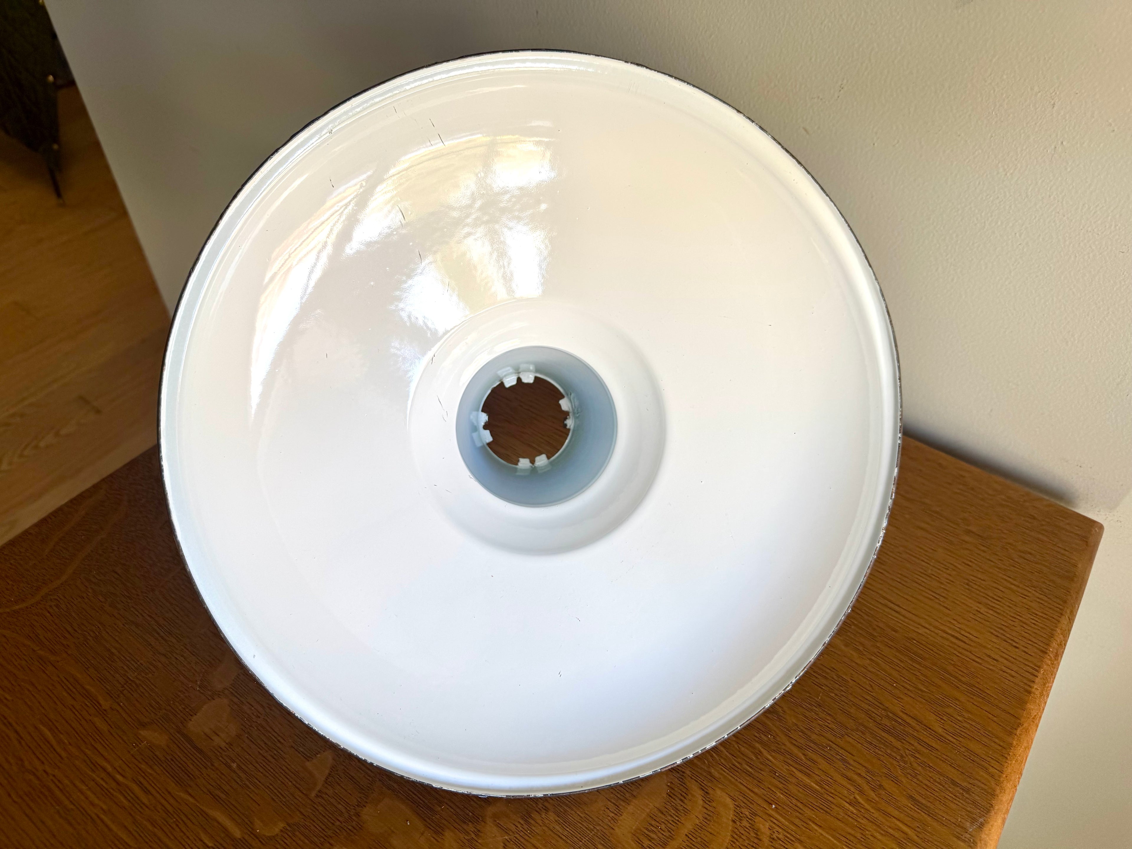 1930's Green Distressed Porcelain Industrial Pendant Lamp Shade | 14" Goodrich Enamel Metal Shade