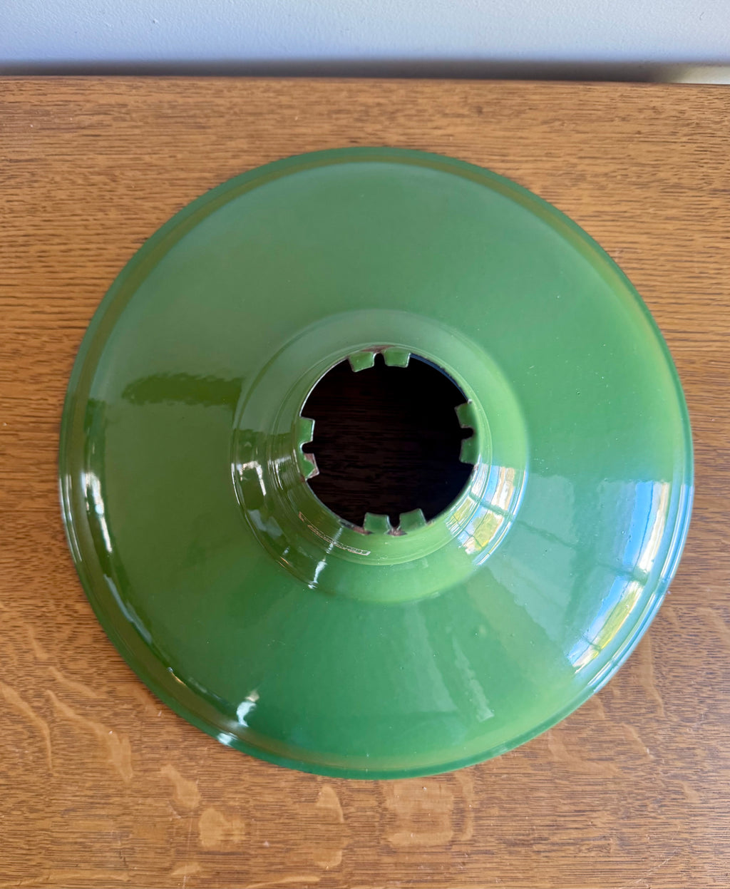 1930's Green Distressed Porcelain Industrial Pendant Lamp Shade | 14" Goodrich Enamel Metal Shade