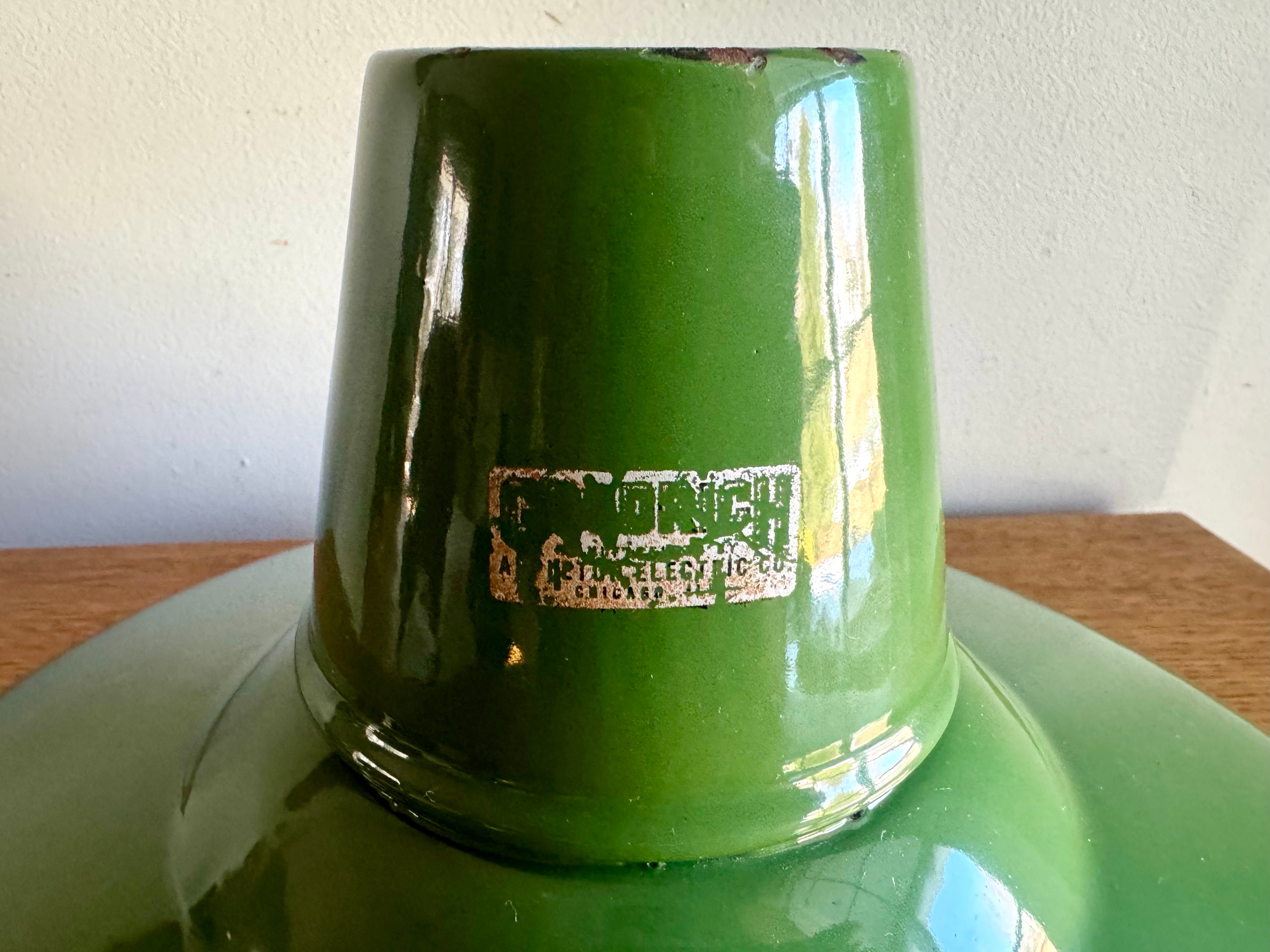 1930's Green Distressed Porcelain Industrial Pendant Lamp Shade | 14" Goodrich Enamel Metal Shade