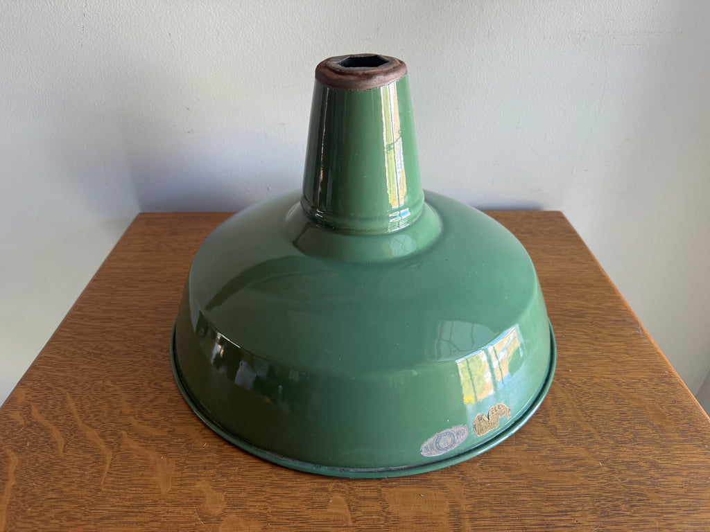 1930's Green Distressed Porcelain Industrial Pendant Lamp Shade | 14" Wheeler Enamel Metal Shade
