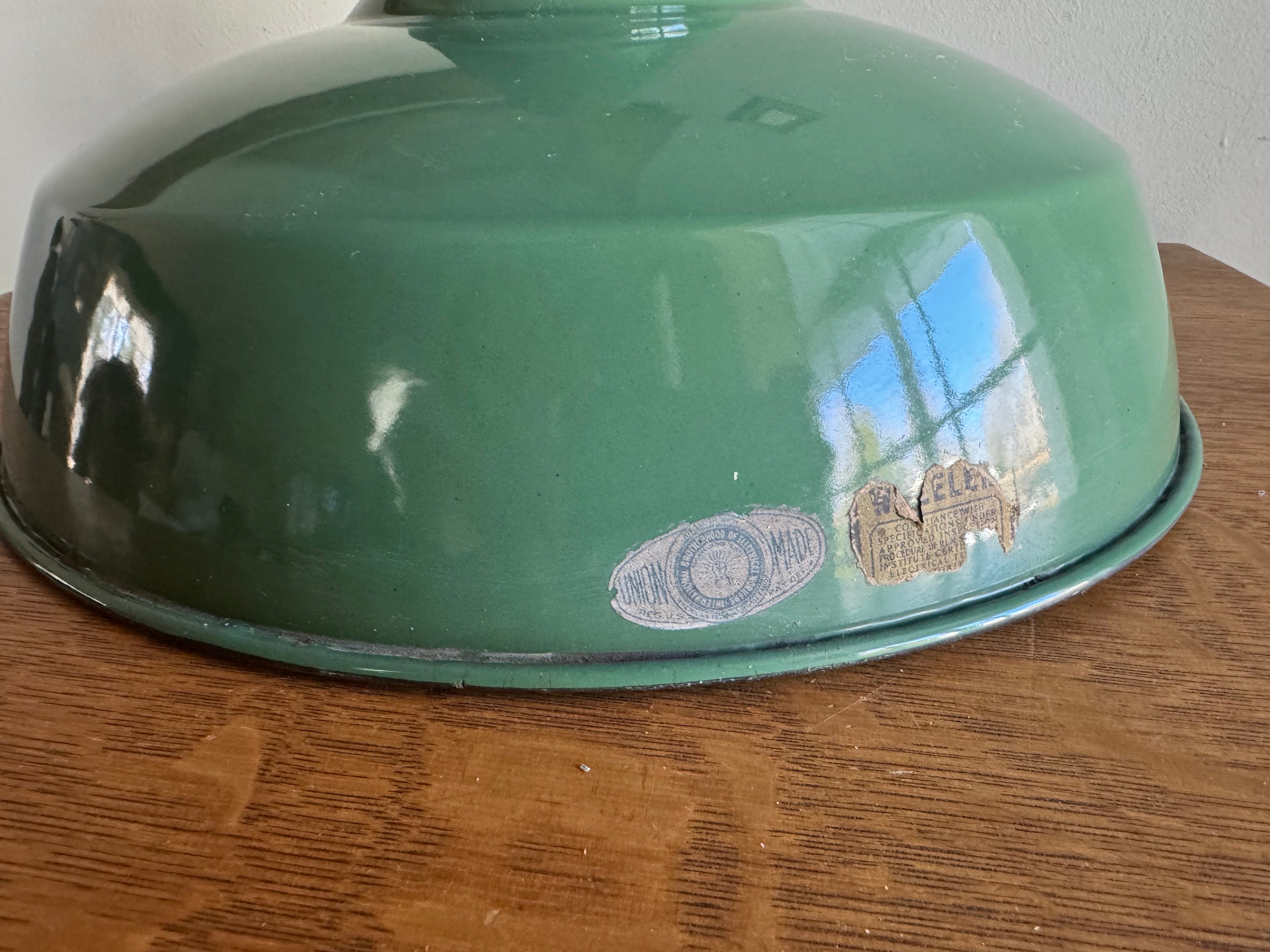 1930's Green Distressed Porcelain Industrial Pendant Lamp Shade | 14" Wheeler Enamel Metal Shade