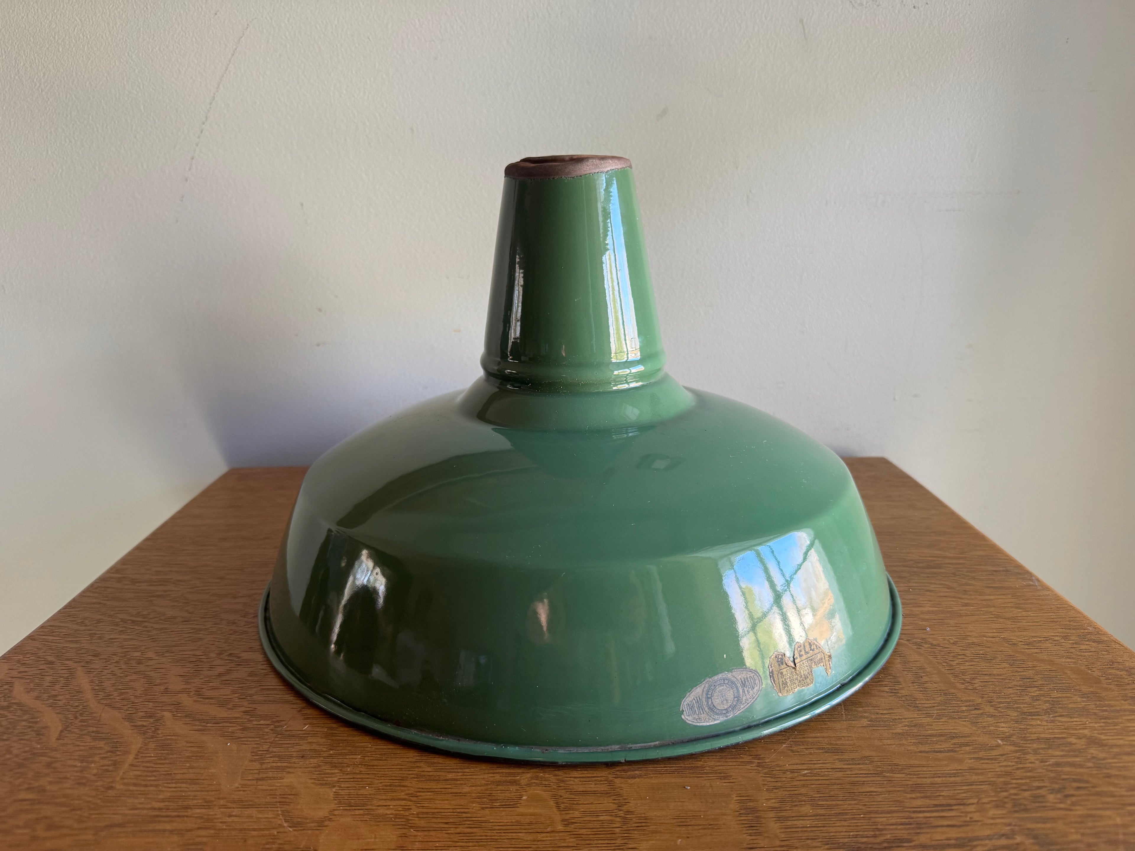 1930's Green Distressed Porcelain Industrial Pendant Lamp Shade | 14" Wheeler Enamel Metal Shade