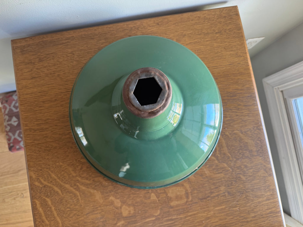 1930's Green Distressed Porcelain Industrial Pendant Lamp Shade | 14" Wheeler Enamel Metal Shade