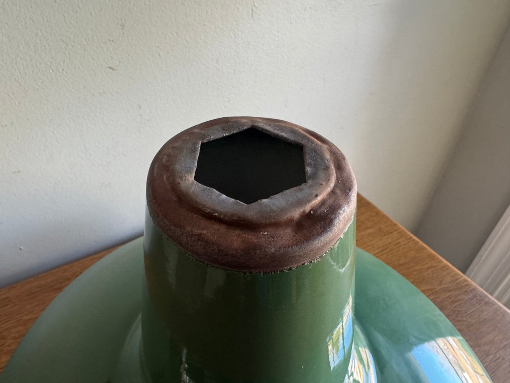 1930's Green Distressed Porcelain Industrial Pendant Lamp Shade | 14" Wheeler Enamel Metal Shade