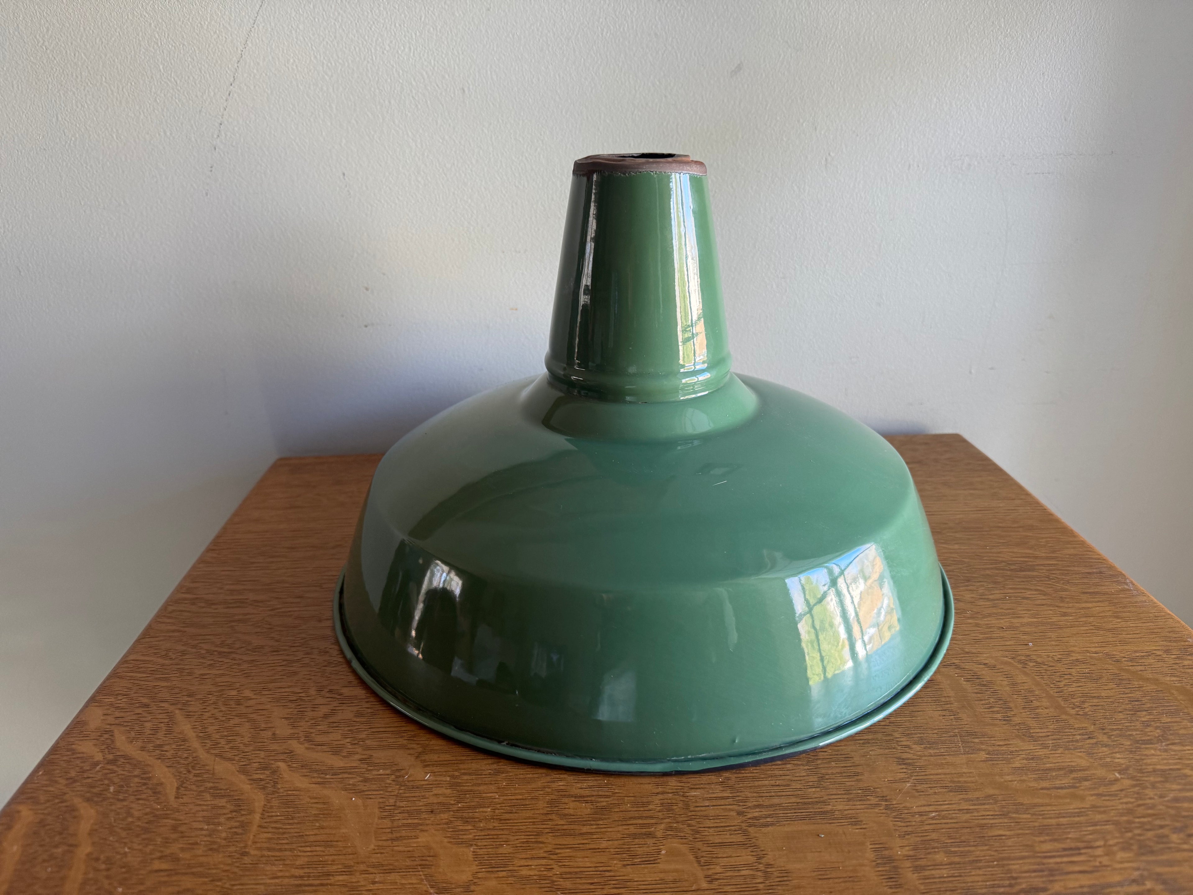 1930's Green Distressed Porcelain Industrial Pendant Lamp Shade | 14" Wheeler Enamel Metal Shade