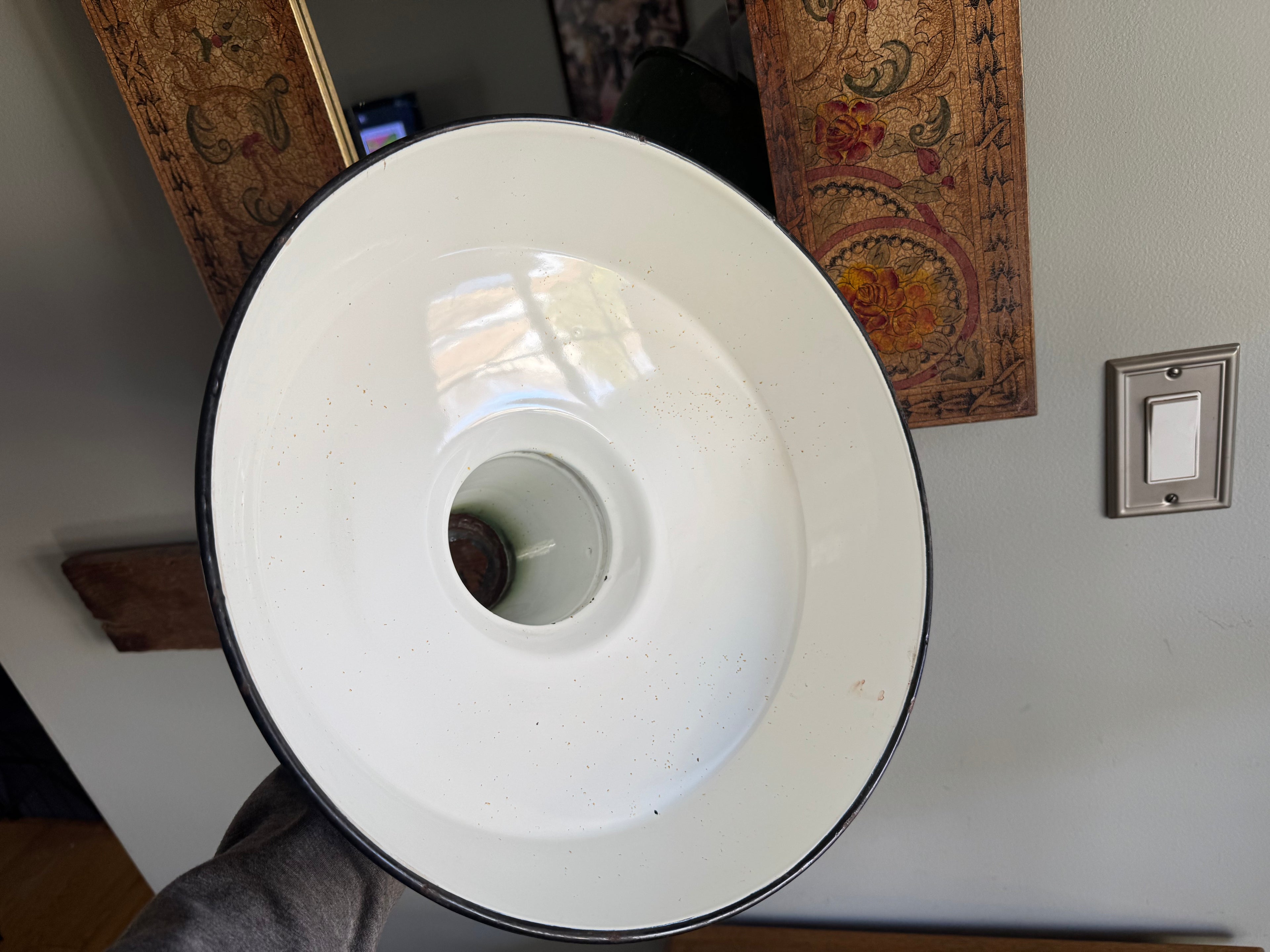 1930's Green Distressed Porcelain Industrial Pendant Lamp Shade | 14" Wheeler Enamel Metal Shade