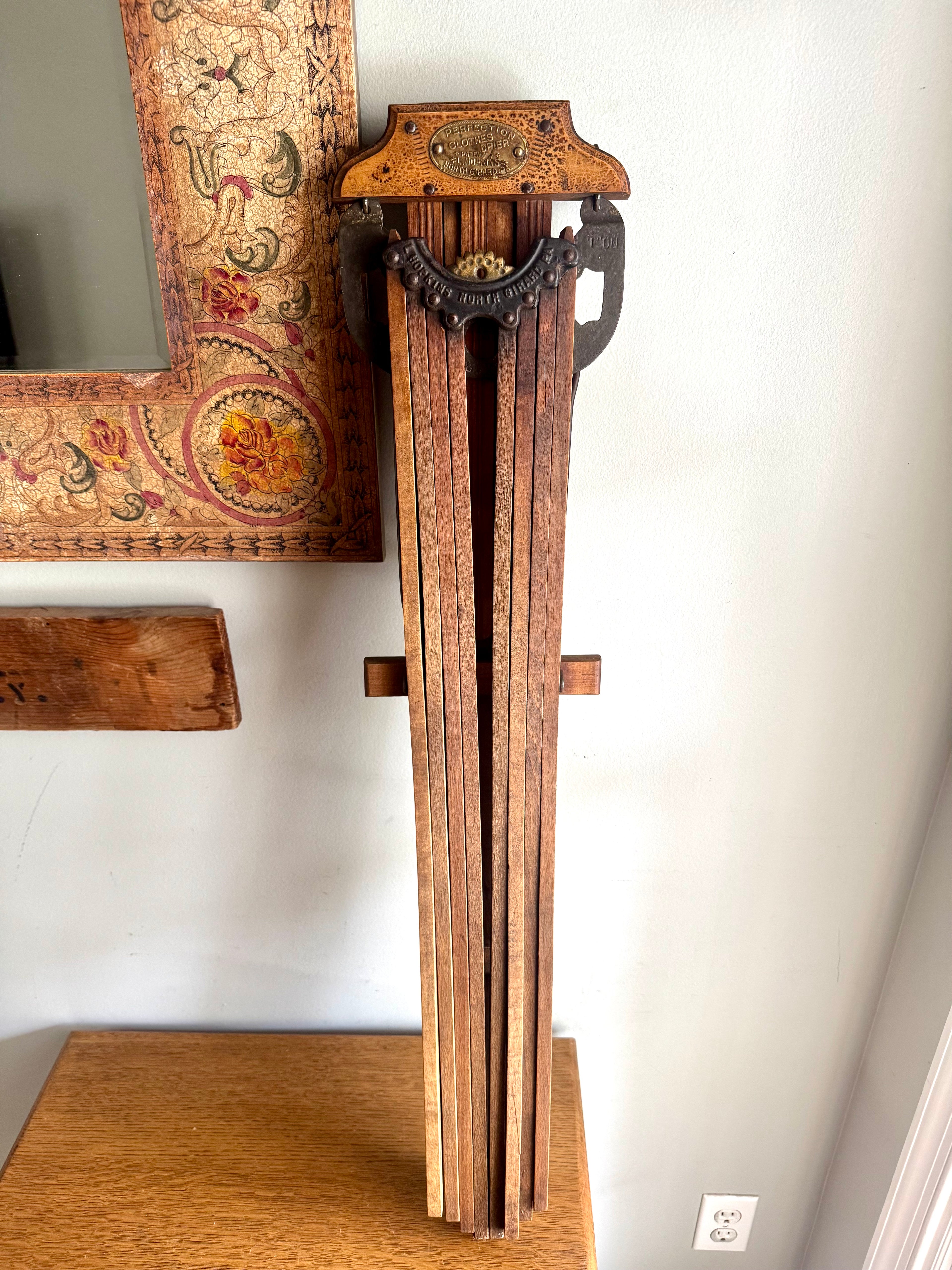 Antique Wooden Perfection Clothes Drier Rack | Adjustable L. Hopkins Wall Hanging Clothes Rack