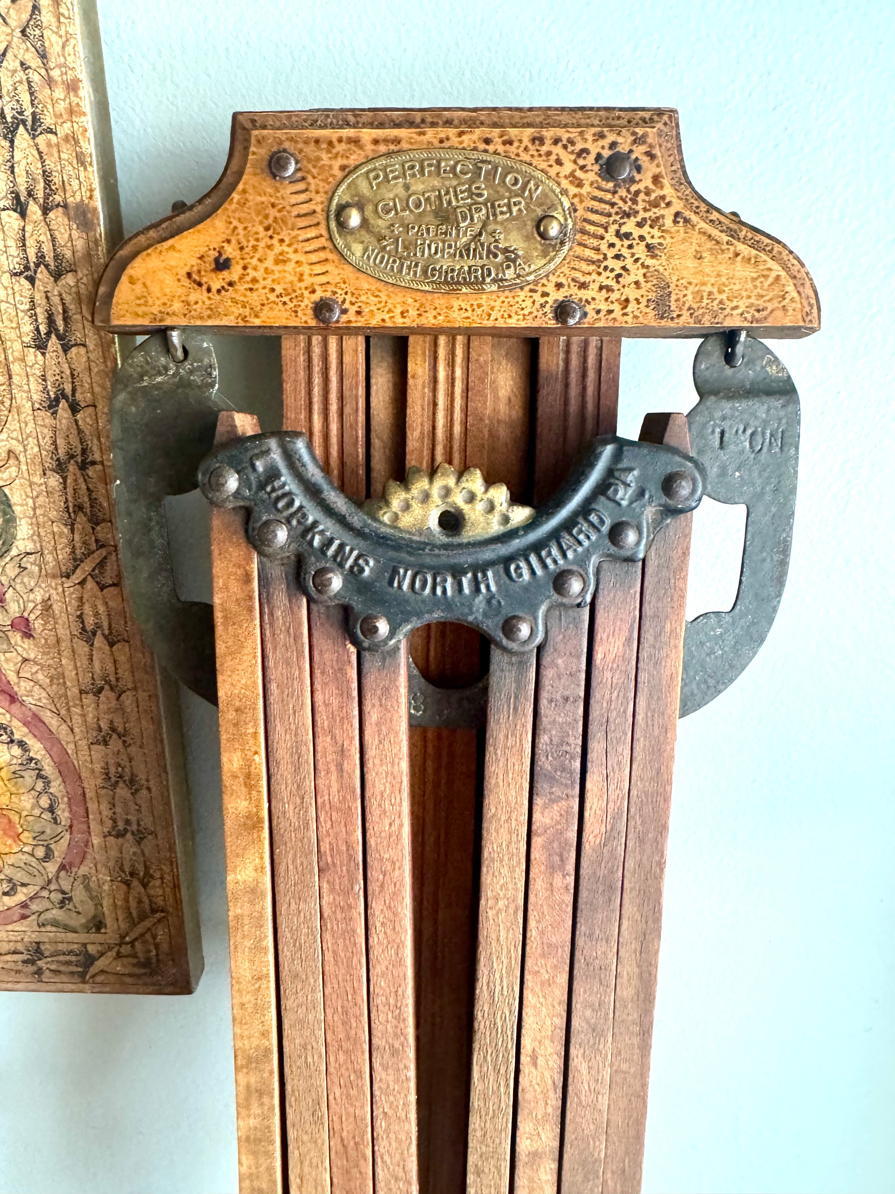Antique Wooden Perfection Clothes Drier Rack | Adjustable L. Hopkins Wall Hanging Clothes Rack