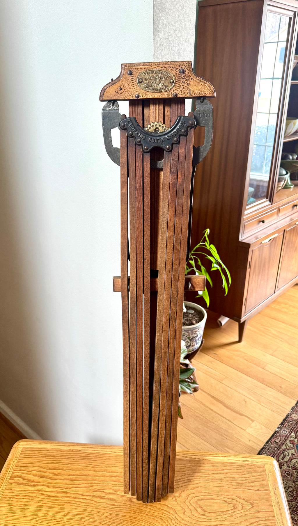 Antique Wooden Perfection Clothes Drier Rack | Adjustable L. Hopkins Wall Hanging Clothes Rack
