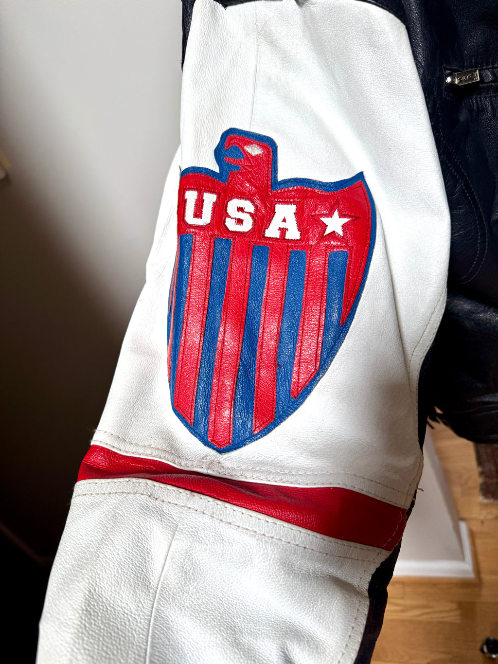 1980's Michael Hoban Where MI USA Flag Jacket | American Flag Leather XL Bomber Jacket