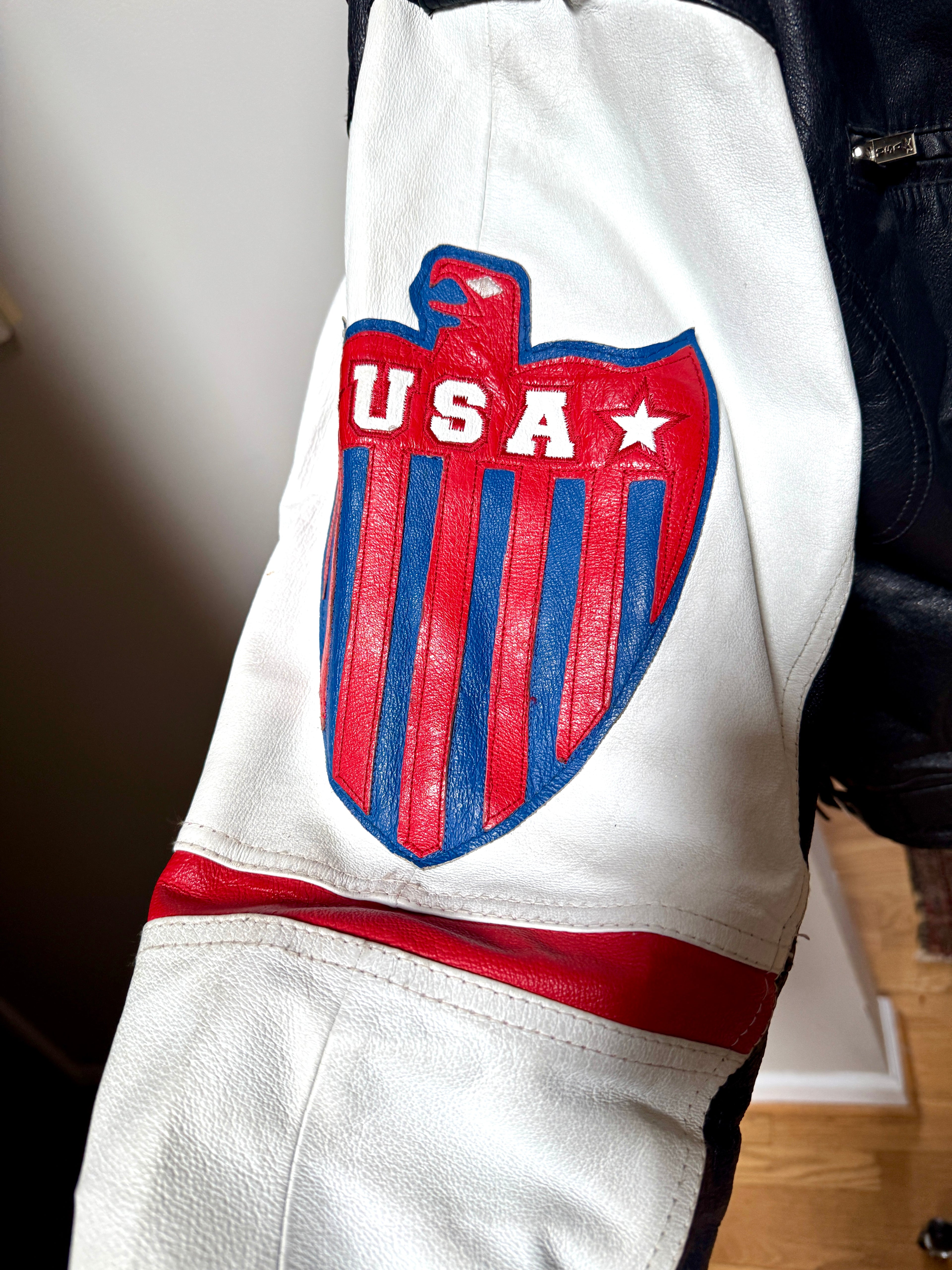 1980's Michael Hoban Where MI USA Flag Jacket | American Flag Leather XL Bomber Jacket