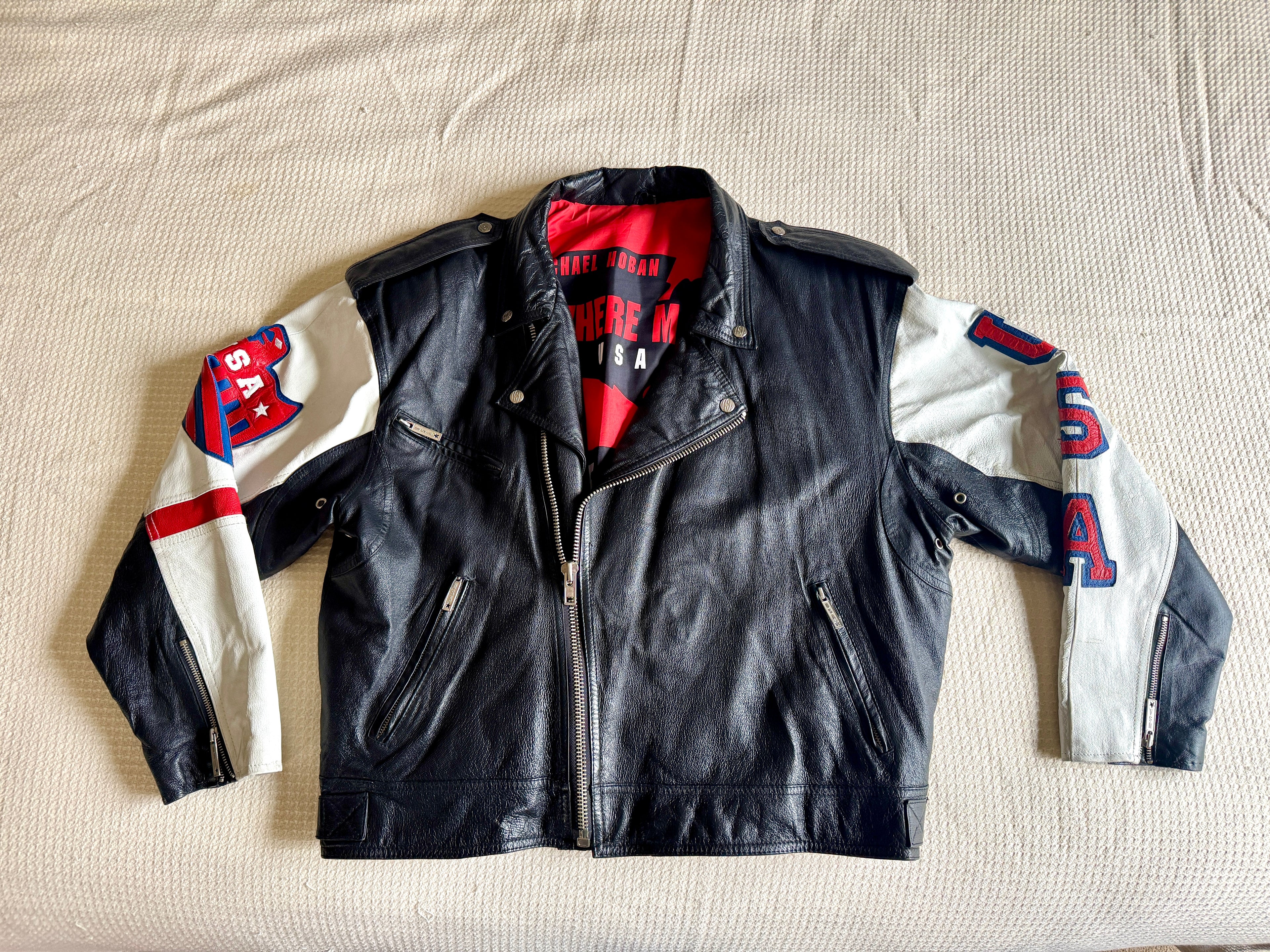 1980's Michael Hoban Where MI USA Flag Jacket | American Flag Leather XL Bomber Jacket