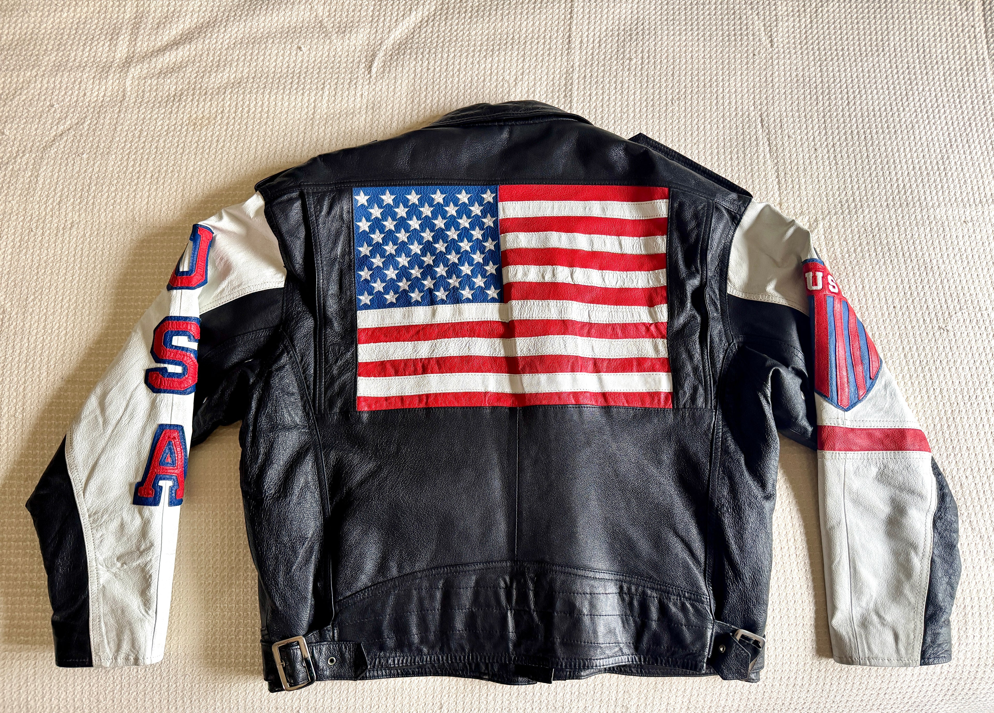 1980's Michael Hoban Where MI USA Flag Jacket | American Flag Leather XL Bomber Jacket