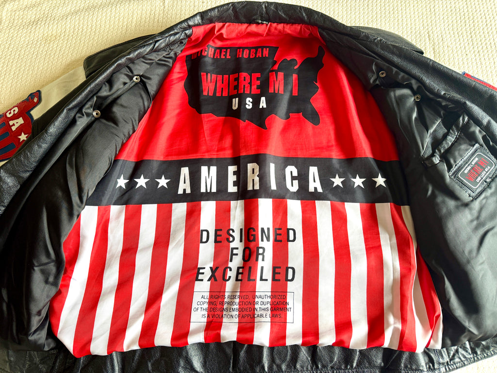 1980's Michael Hoban Where MI USA Flag Jacket | American Flag Leather XL Bomber Jacket
