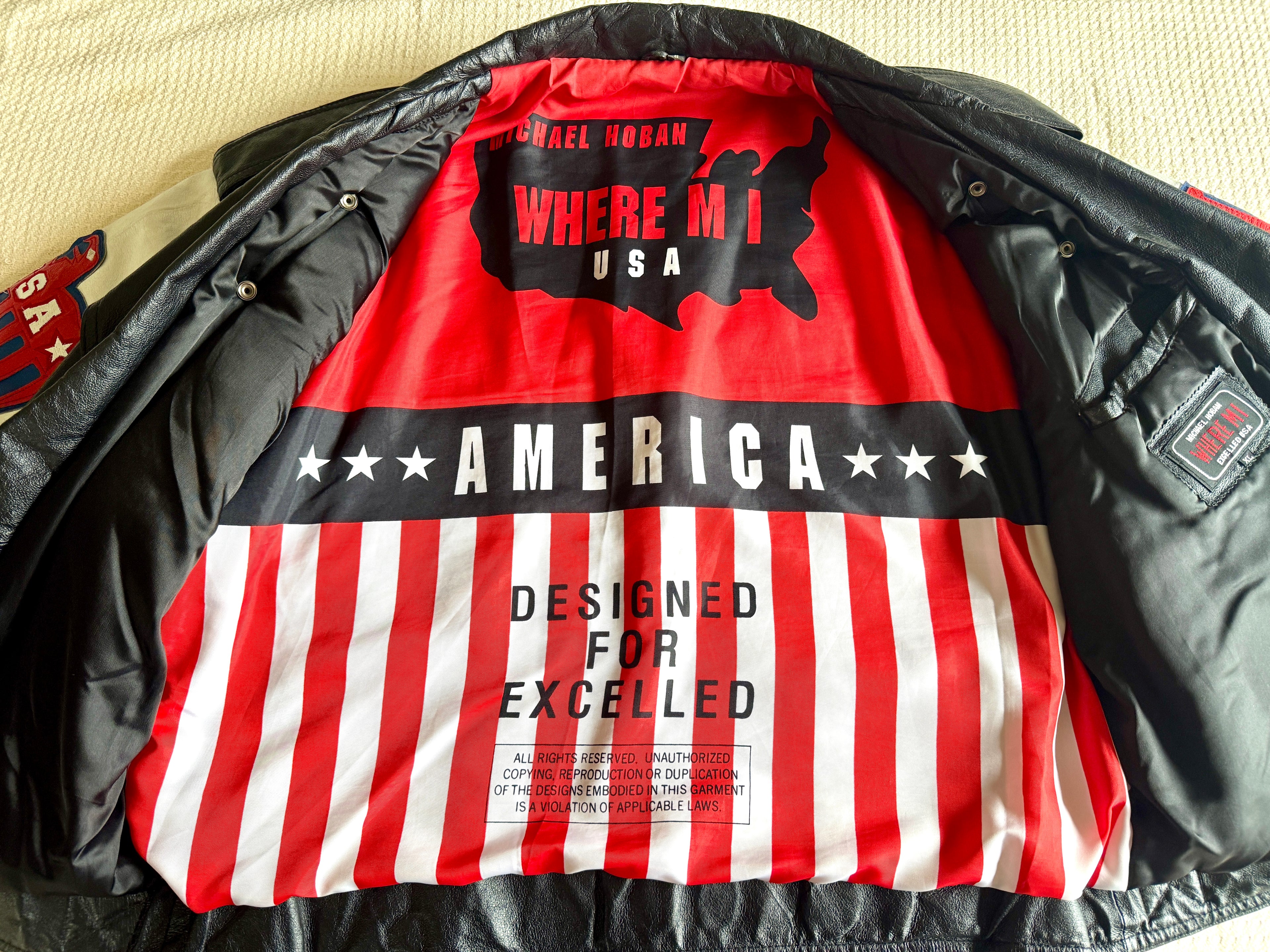 1980's Michael Hoban Where MI USA Flag Jacket | American Flag Leather XL Bomber Jacket