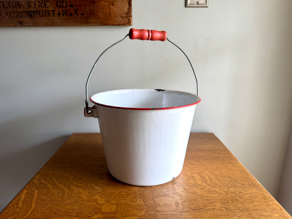 1940's White Graniteware Pail w/ Red Wood Handle & Trim Enamelware Bucket