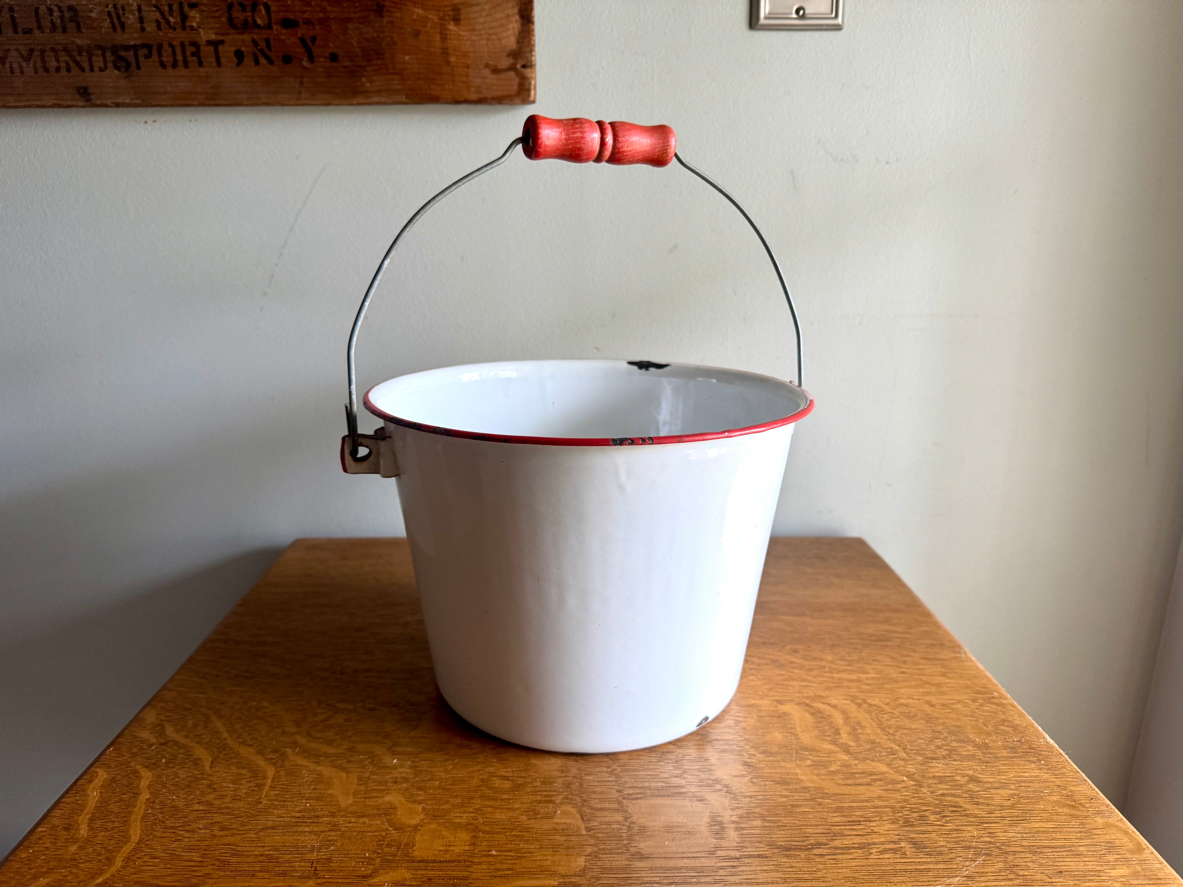 1940's White Graniteware Pail w/ Red Wood Handle & Trim Enamelware Bucket