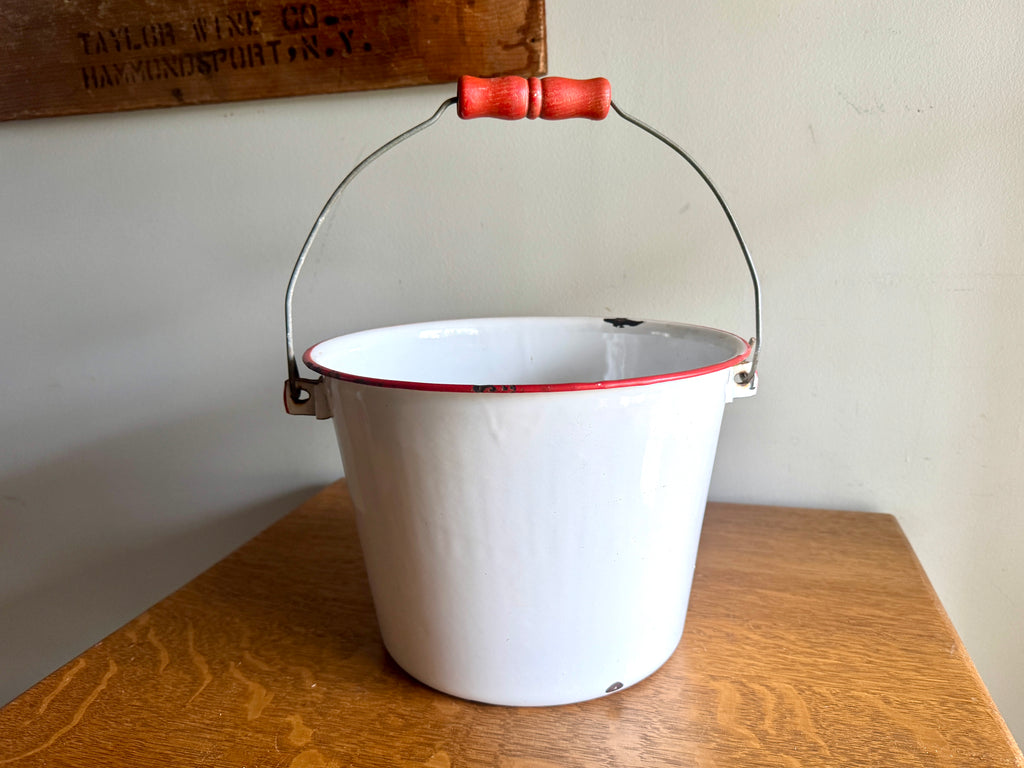 1940's White Graniteware Pail w/ Red Wood Handle & Trim Enamelware Bucket