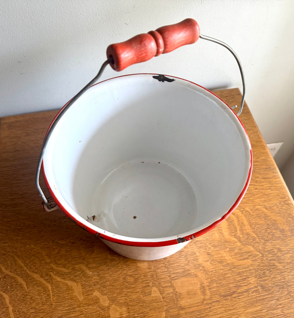 1940's White Graniteware Pail w/ Red Wood Handle & Trim Enamelware Bucket
