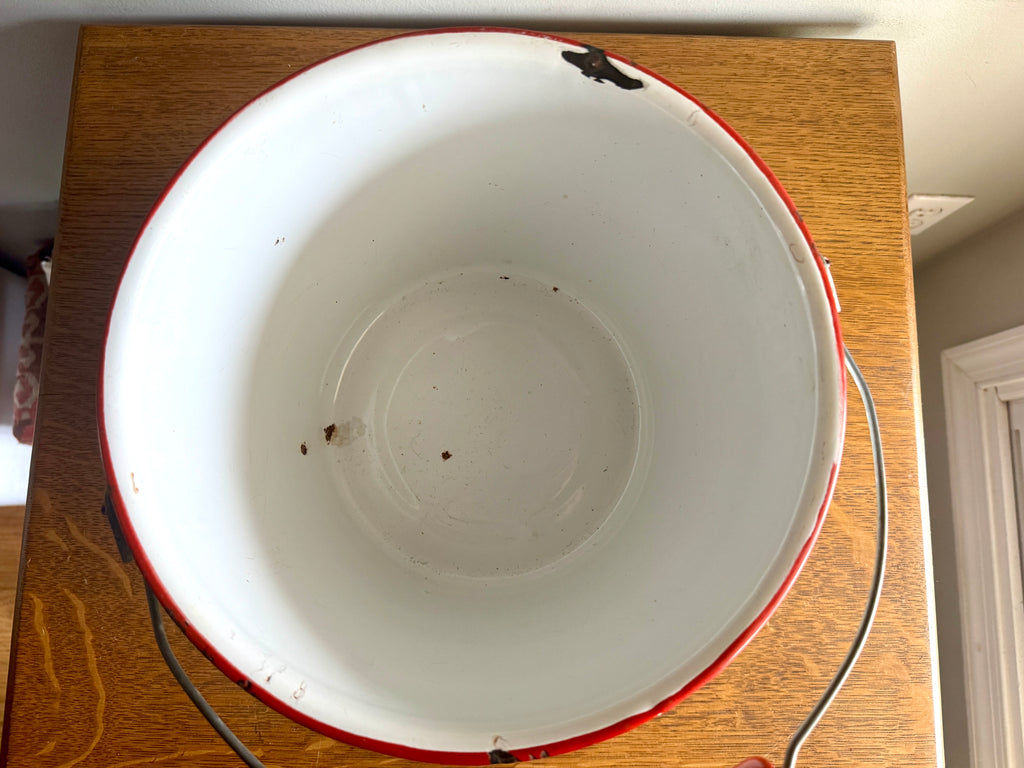 1940's White Graniteware Pail w/ Red Wood Handle & Trim Enamelware Bucket