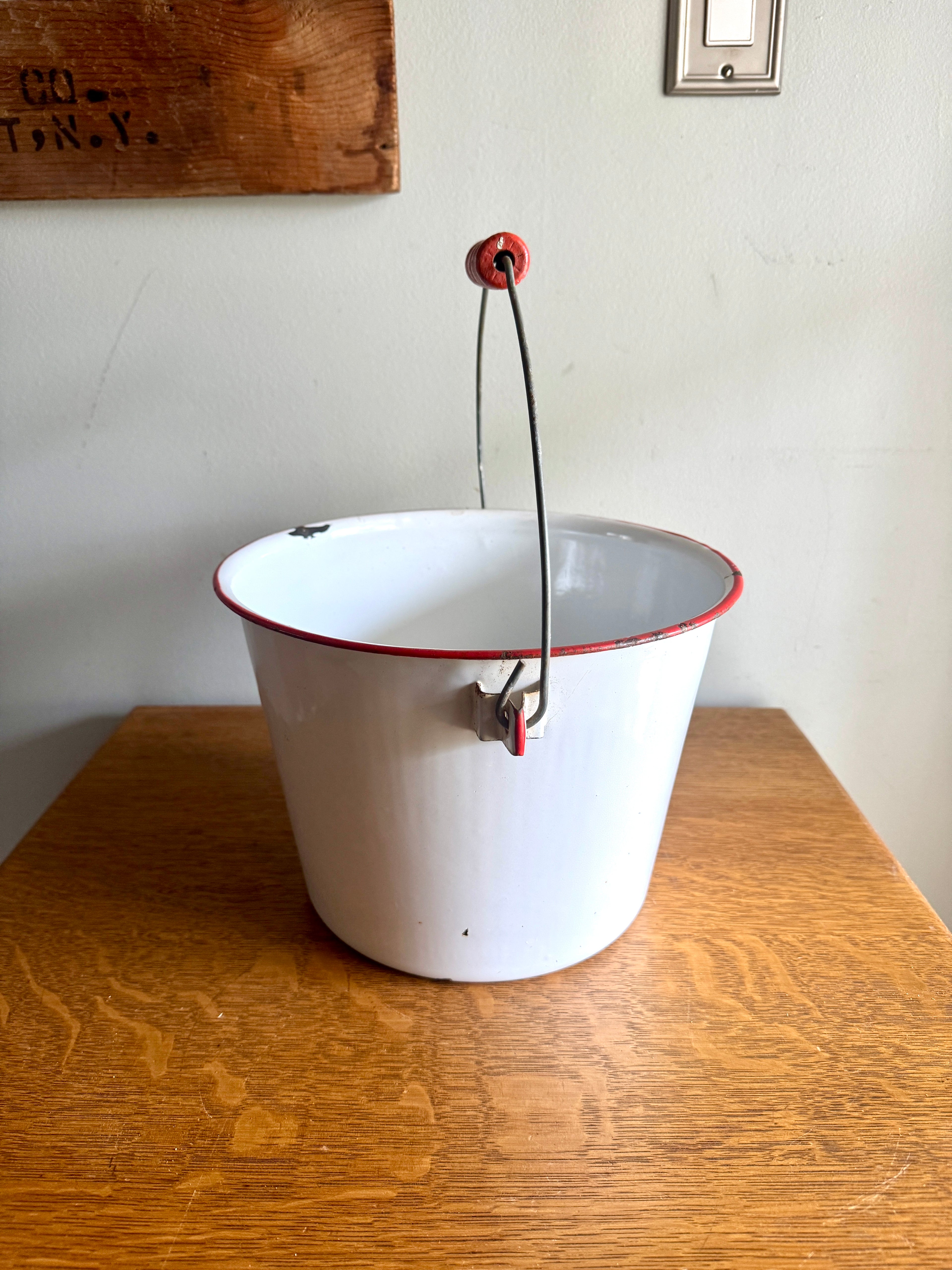 1940's White Graniteware Pail w/ Red Wood Handle & Trim Enamelware Bucket