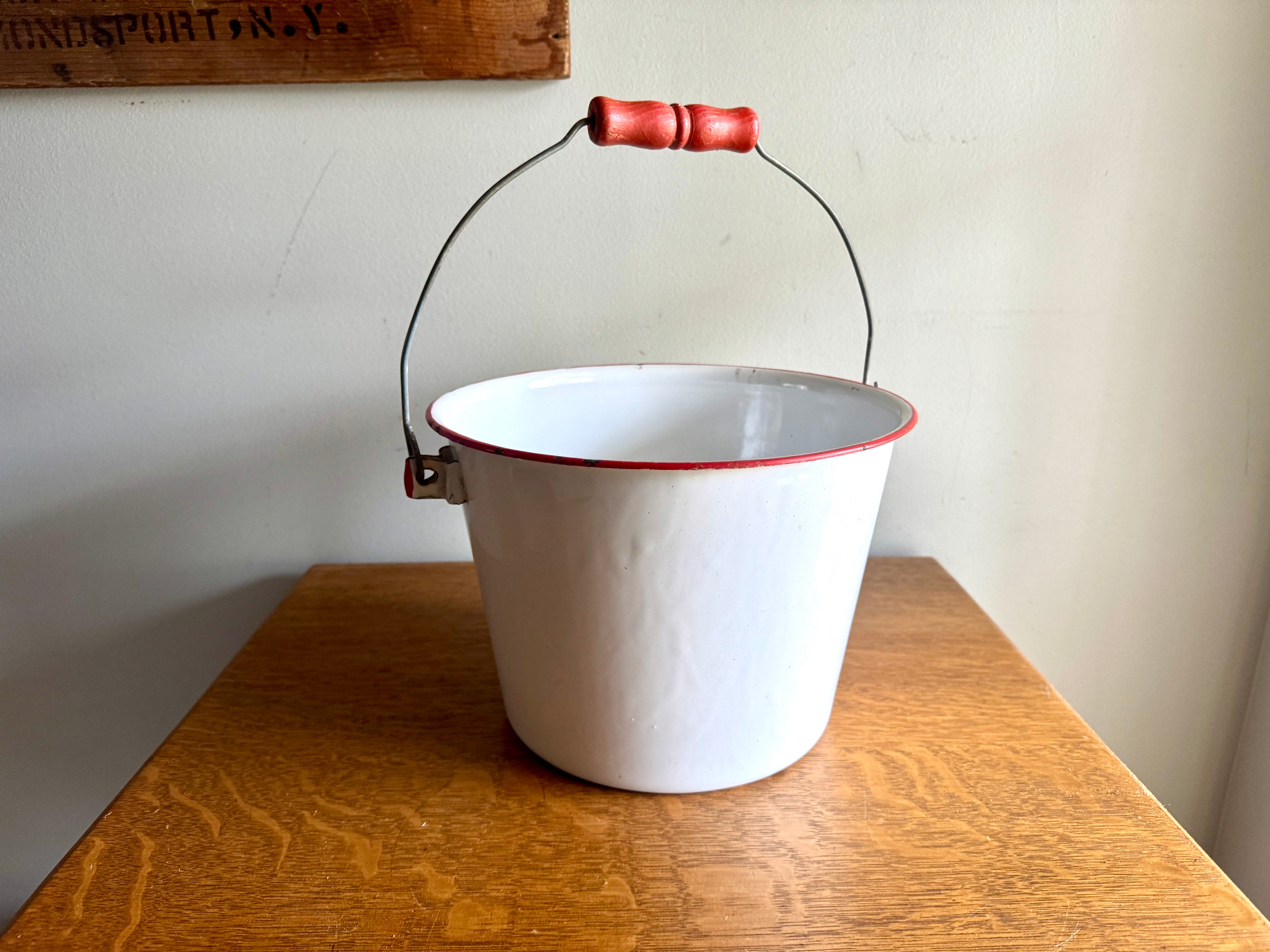 1940's White Graniteware Pail w/ Red Wood Handle & Trim Enamelware Bucket
