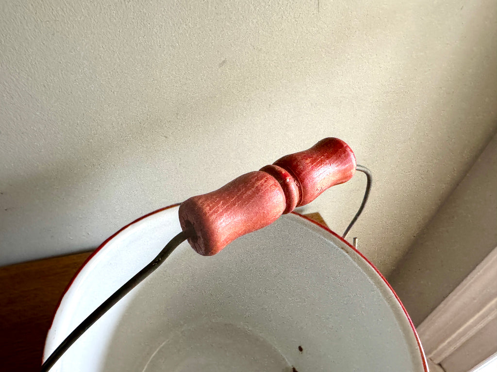1940's White Graniteware Pail w/ Red Wood Handle & Trim Enamelware Bucket