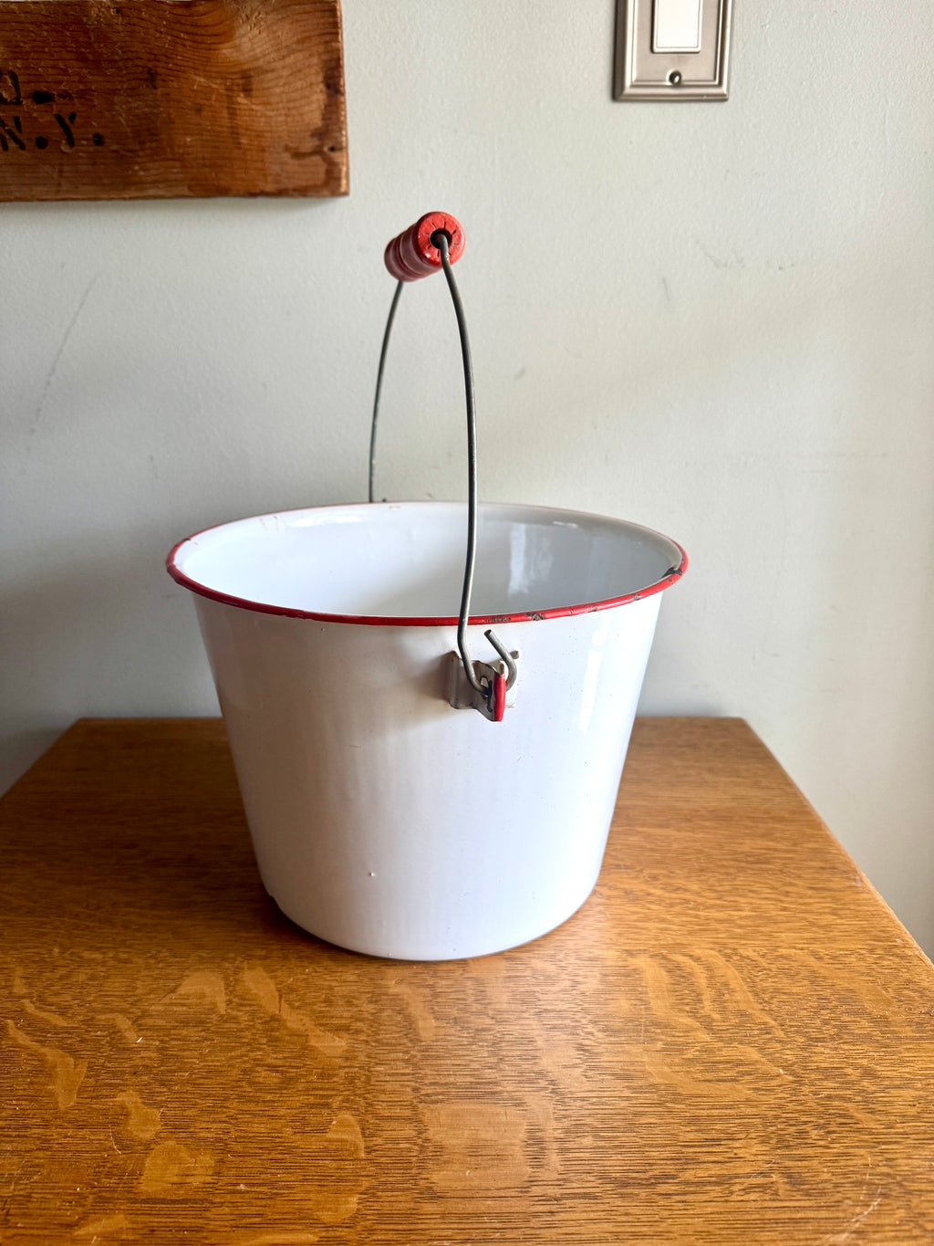 1940's White Graniteware Pail w/ Red Wood Handle & Trim Enamelware Bucket