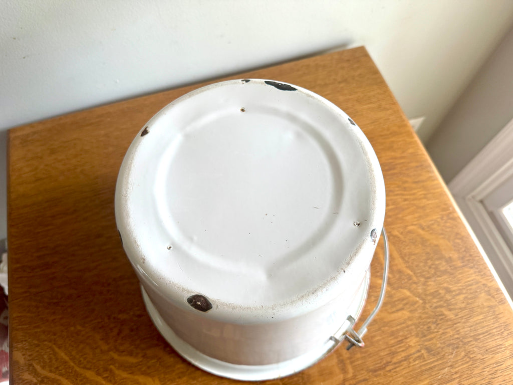 1940's White Graniteware Pail w/ Red Wood Handle & Trim Enamelware Bucket