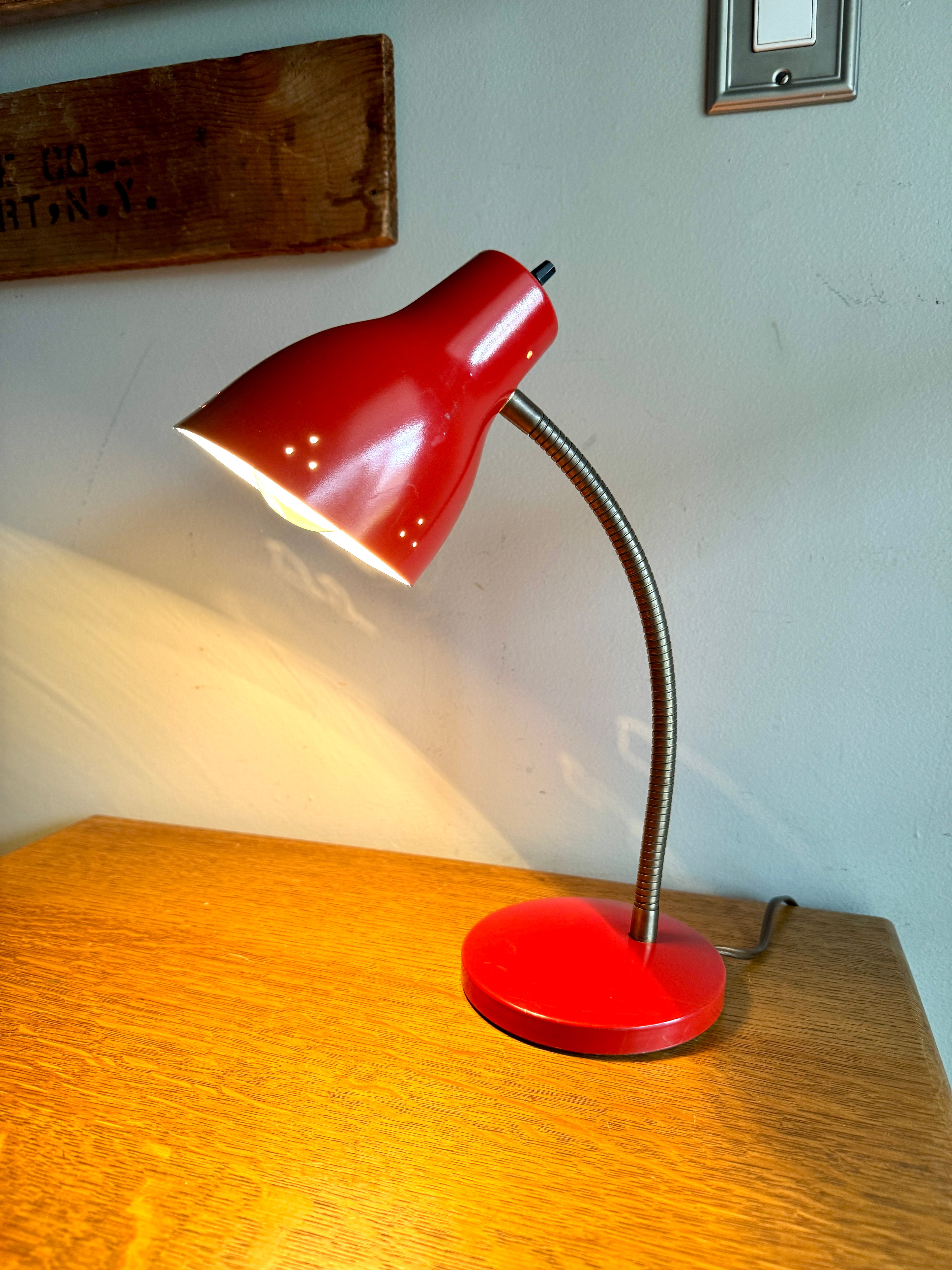Vtg Red Gooseneck Desk Lamp | Red MCM Adjustable Desk Lamp