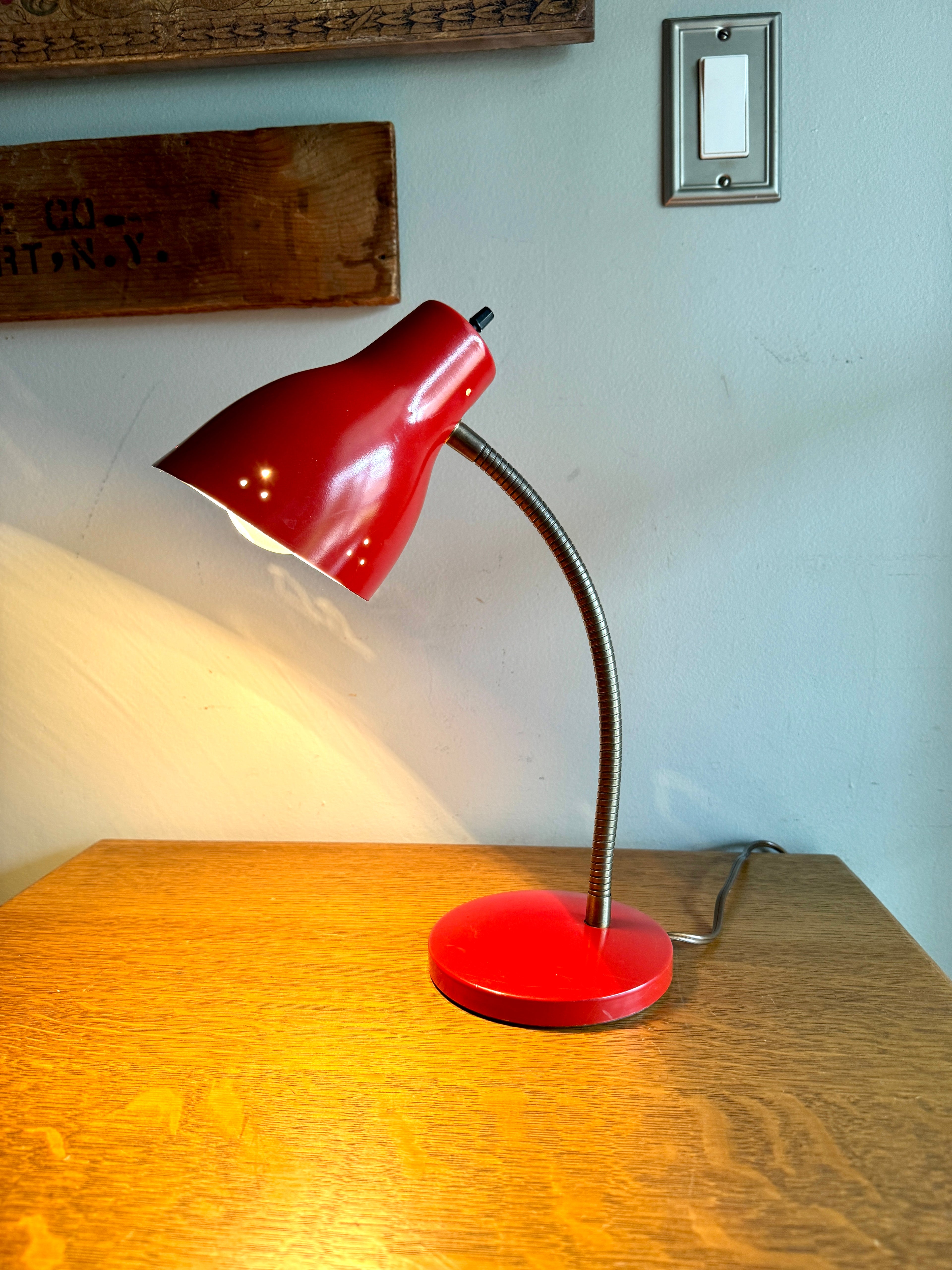 Vtg Red Gooseneck Desk Lamp | Red MCM Adjustable Desk Lamp