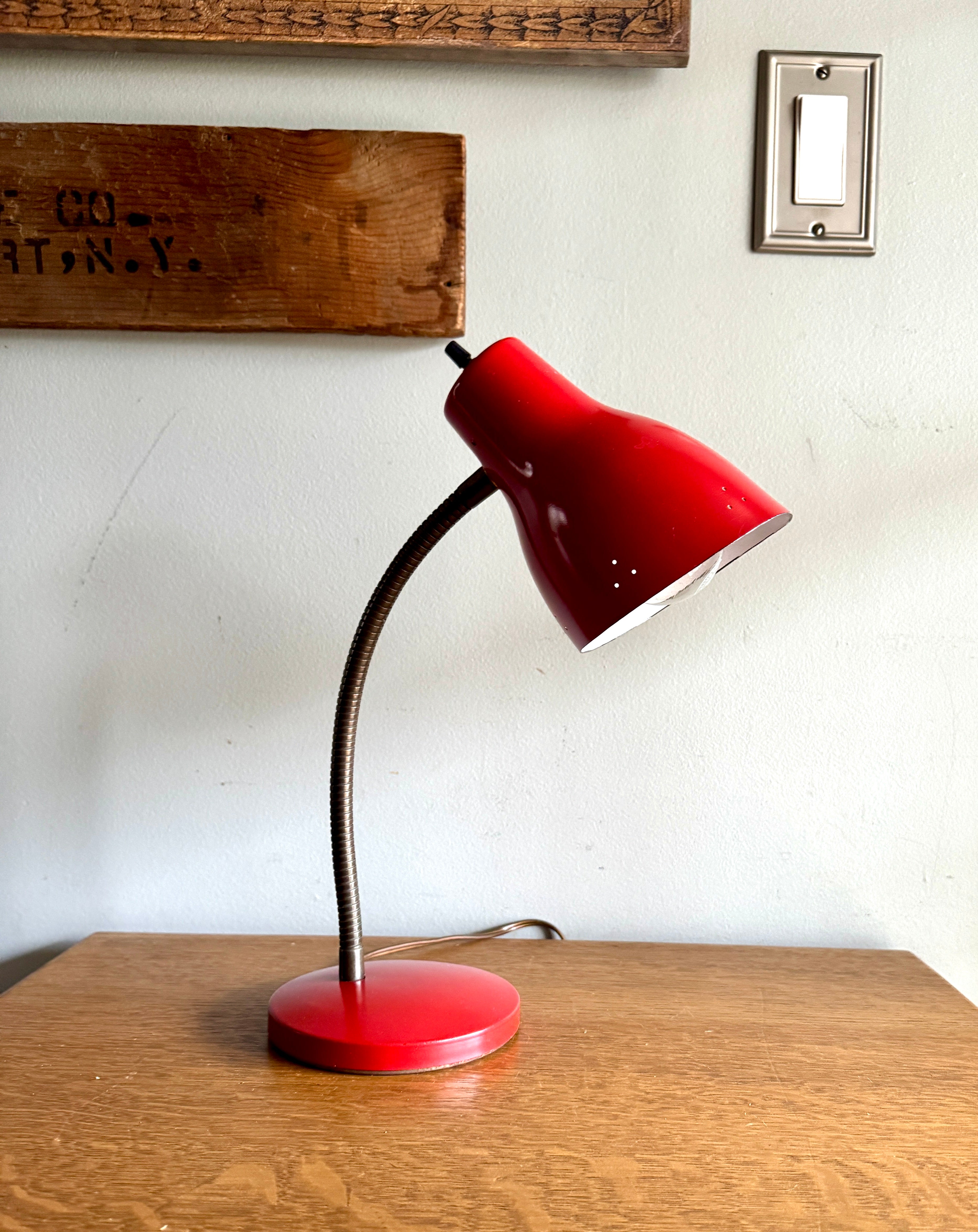 Vtg Red Gooseneck Desk Lamp | Red MCM Adjustable Desk Lamp