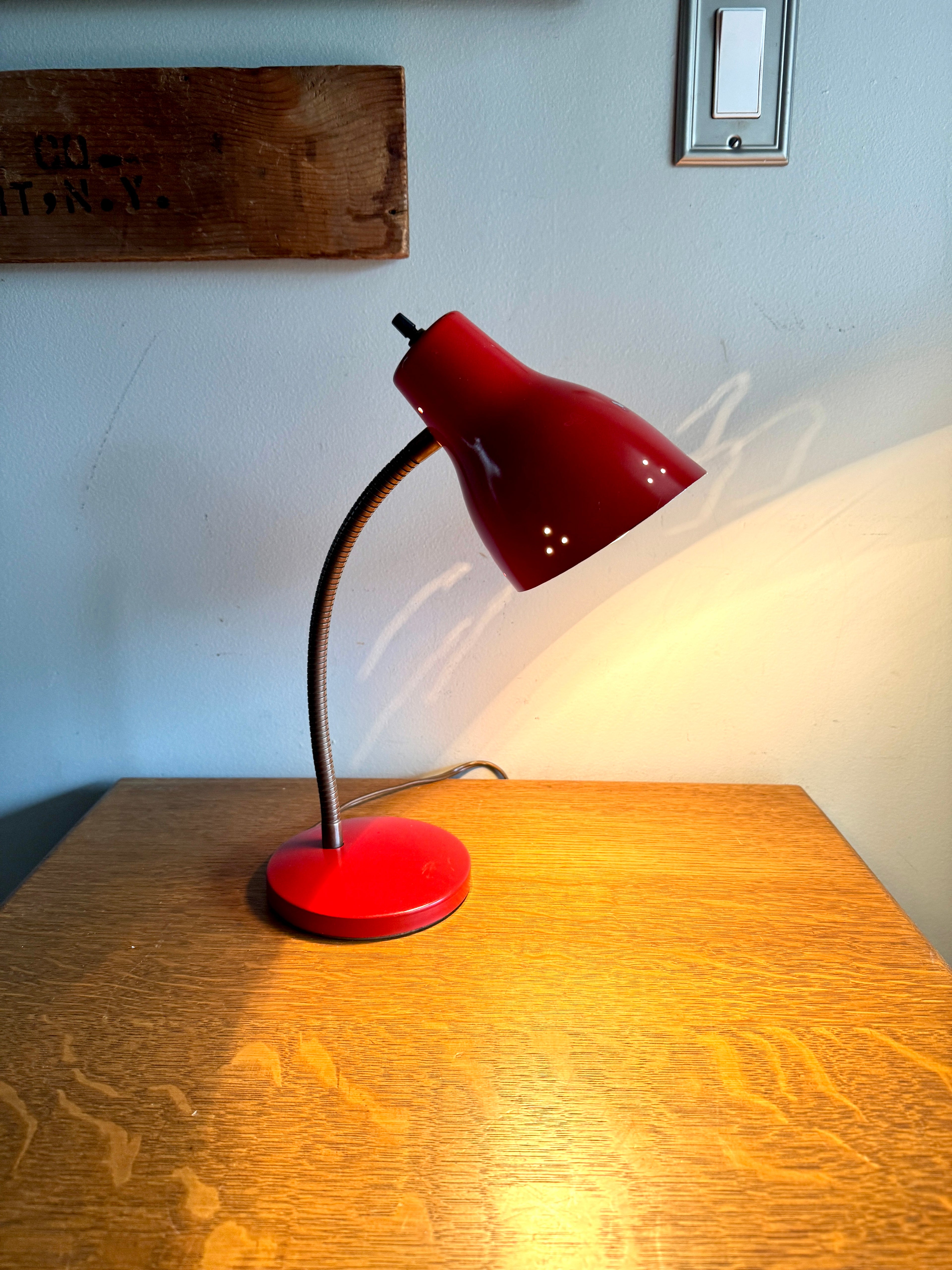 Vtg Red Gooseneck Desk Lamp | Red MCM Adjustable Desk Lamp
