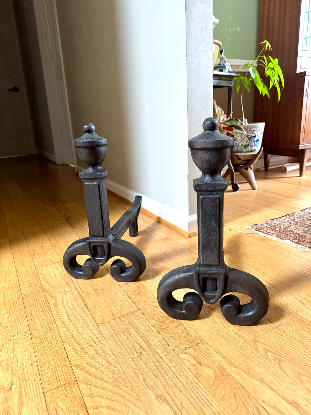 Antique Vestal Cast Iron Andirons | Rustic Black Metal Andirons