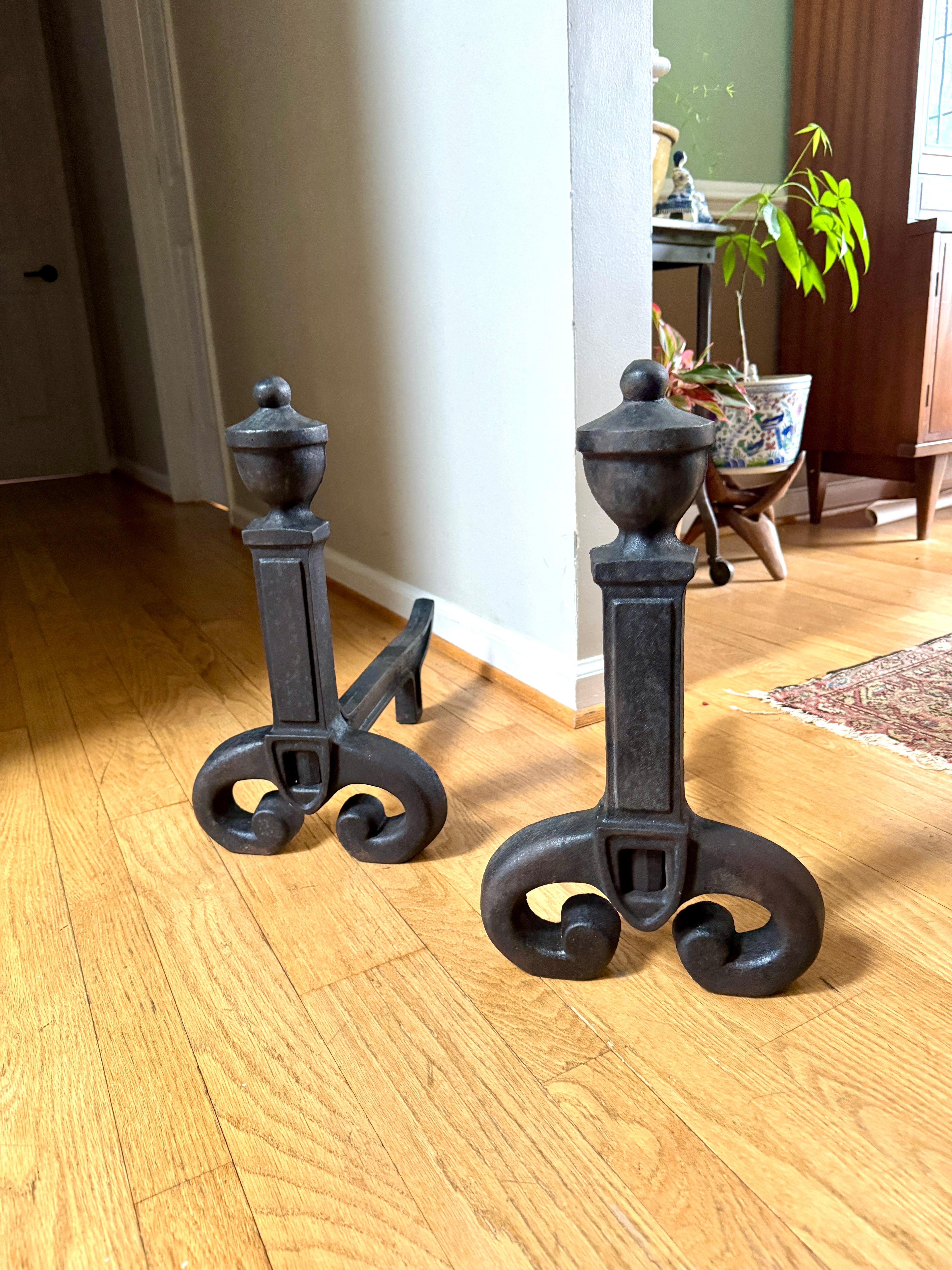 Antique Vestal Cast Iron Andirons | Rustic Black Metal Andirons