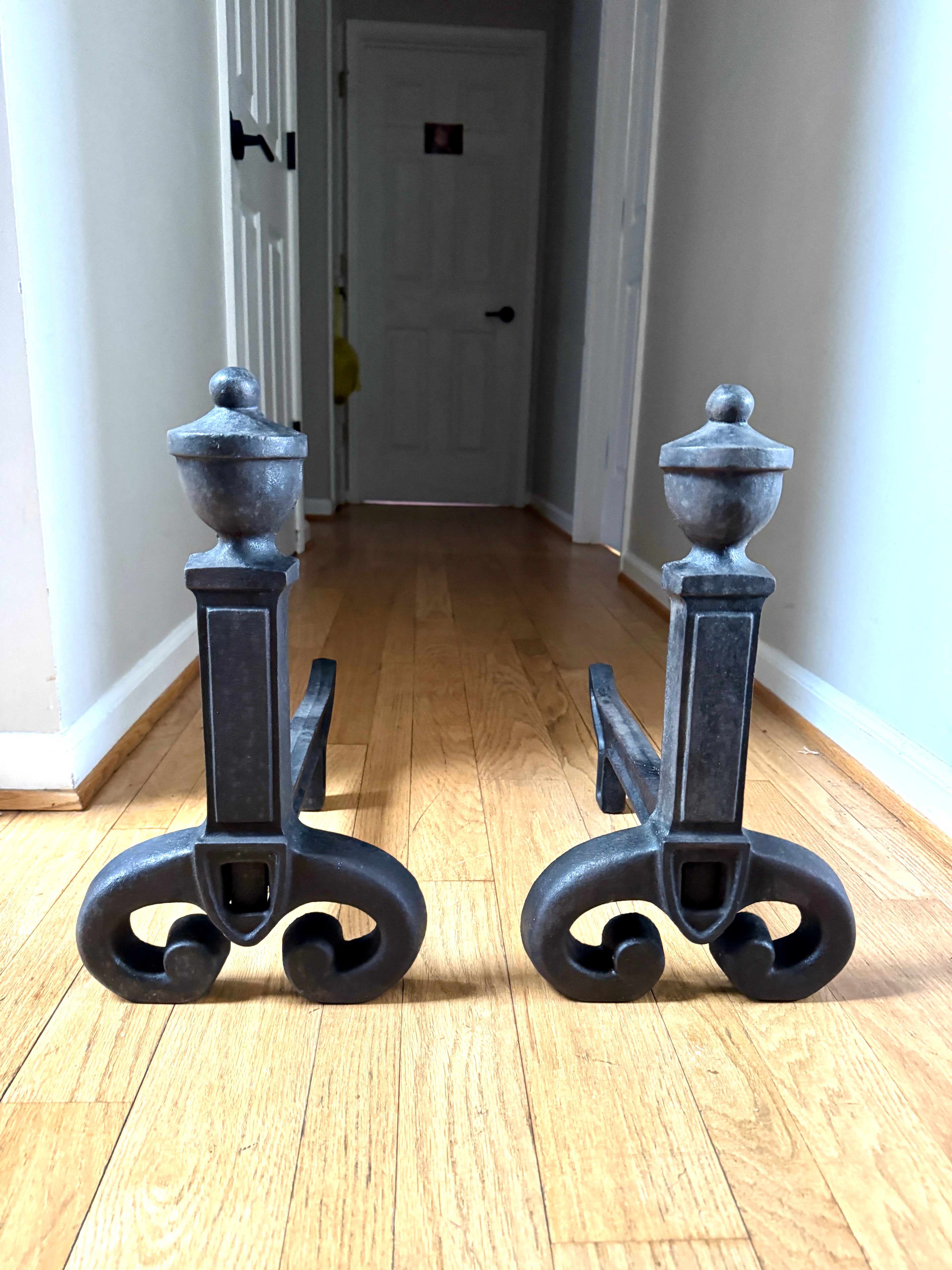 Antique Vestal Cast Iron Andirons | Rustic Black Metal Andirons
