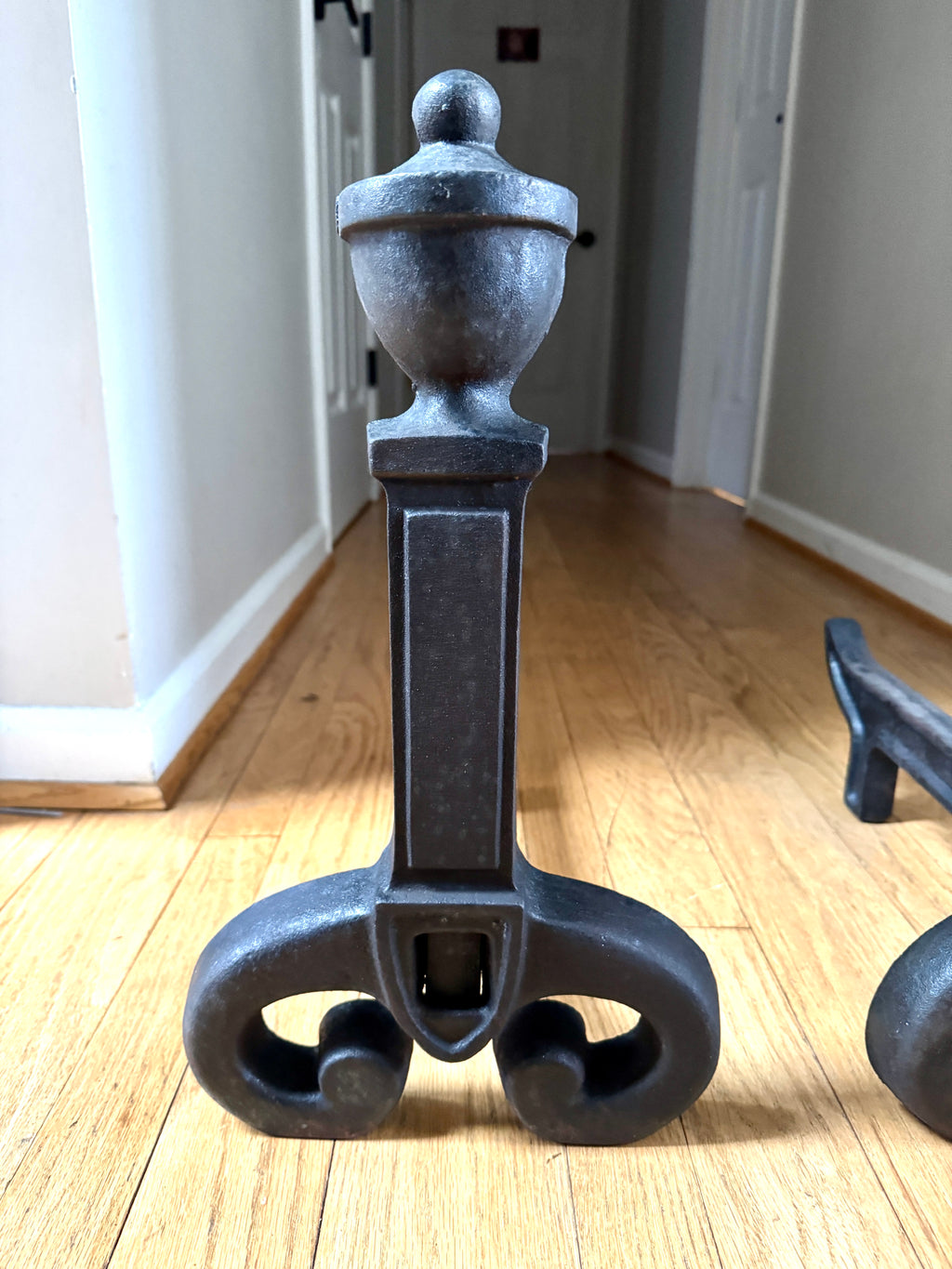 Antique Vestal Cast Iron Andirons | Rustic Black Metal Andirons
