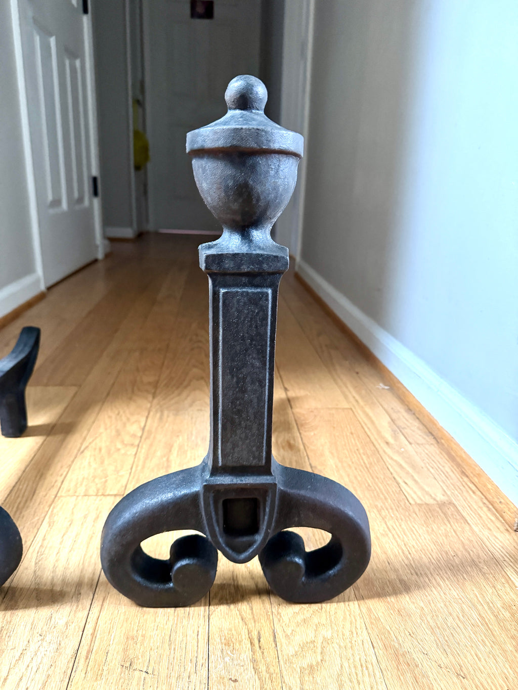 Antique Vestal Cast Iron Andirons | Rustic Black Metal Andirons