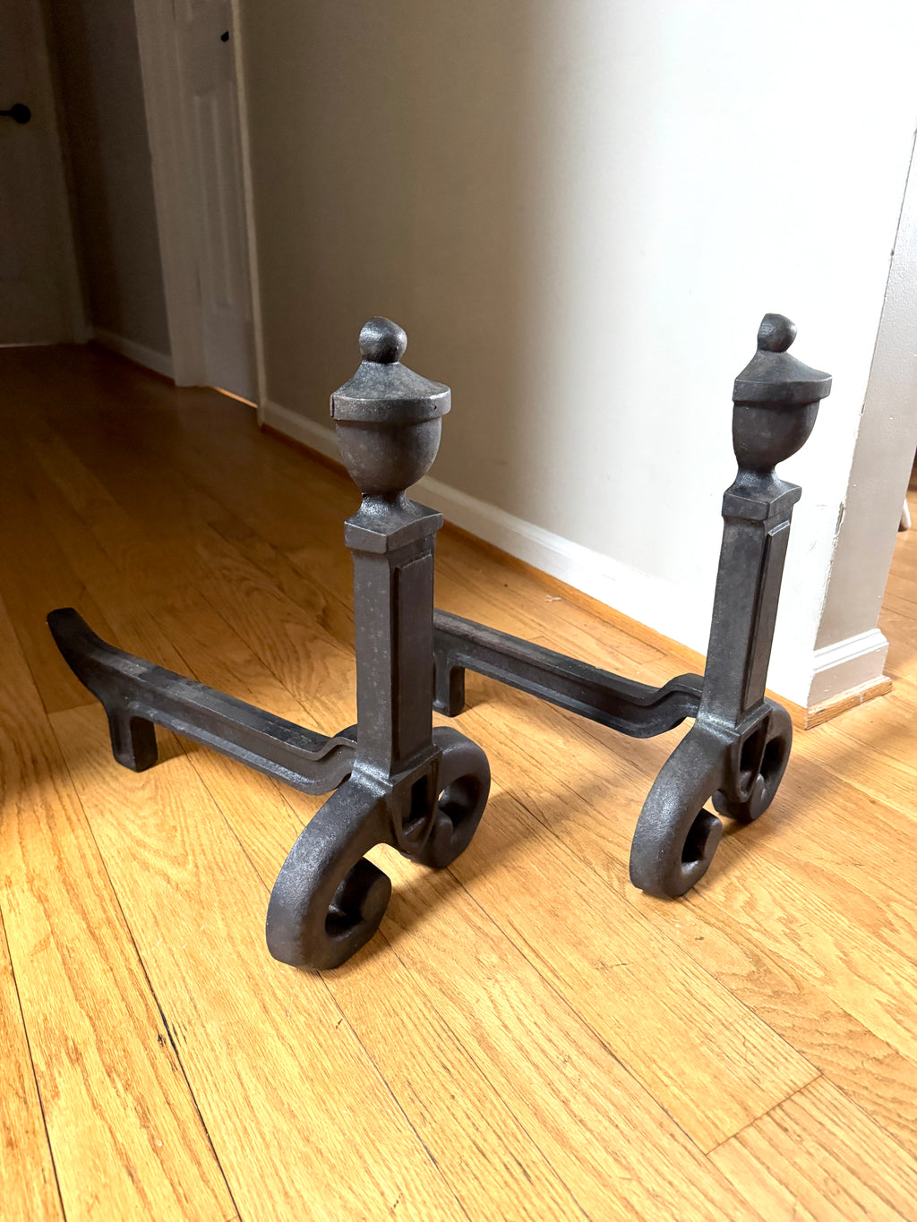 Antique Vestal Cast Iron Andirons | Rustic Black Metal Andirons
